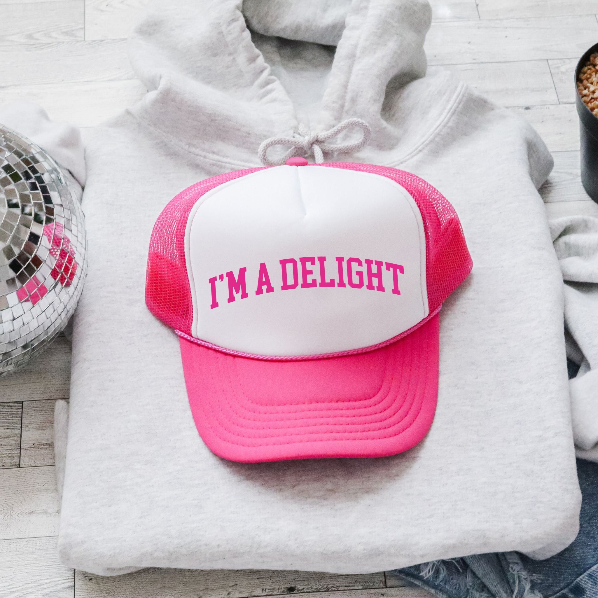 I'm A Delight, Sassy, Funny Bright Pink Bold Playful Statement Snapback Trucker Hat