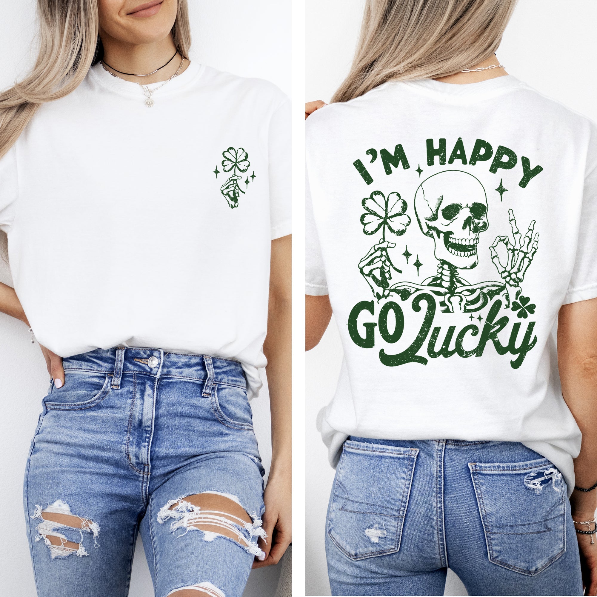 I'm Happy Go Lucky Skeleton St Patrick's Day Shamrock Clover Leprechaun Comfort Colors Tee