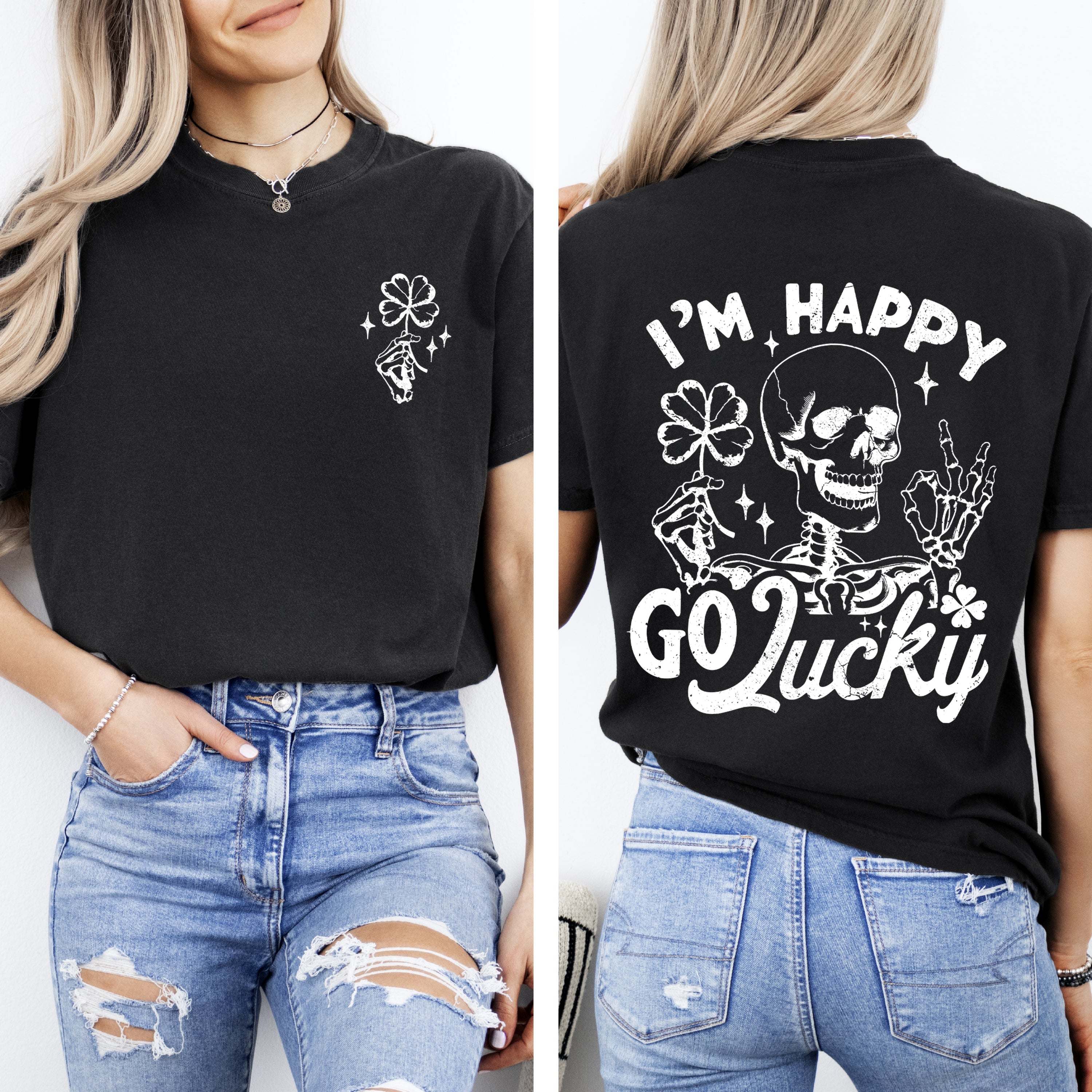 I'm Happy Go Lucky Skeleton St Patrick's Day Shamrock Clover Leprechaun Comfort Colors Tee