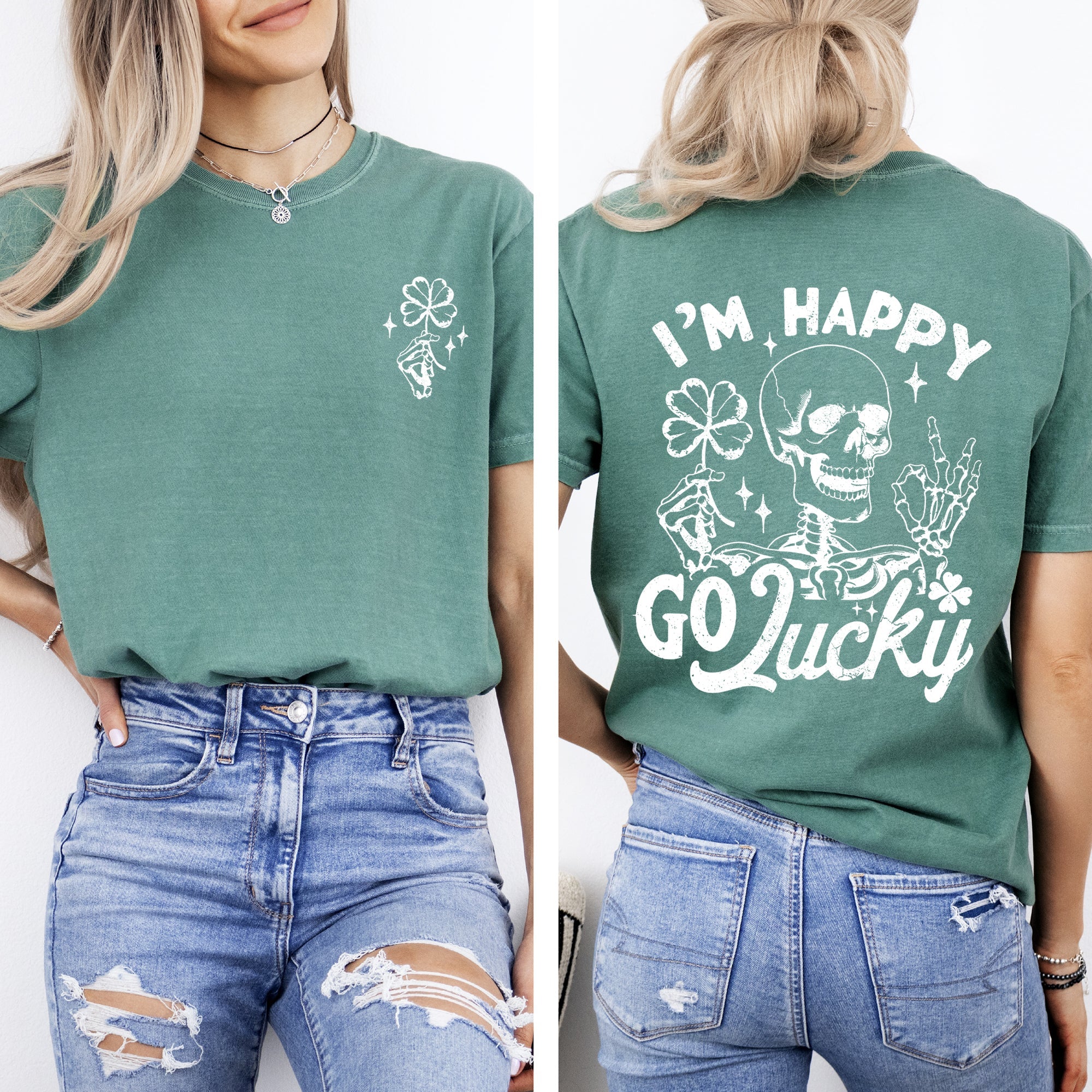 I'm Happy Go Lucky Skeleton St Patrick's Day Shamrock Clover Leprechaun Comfort Colors Tee