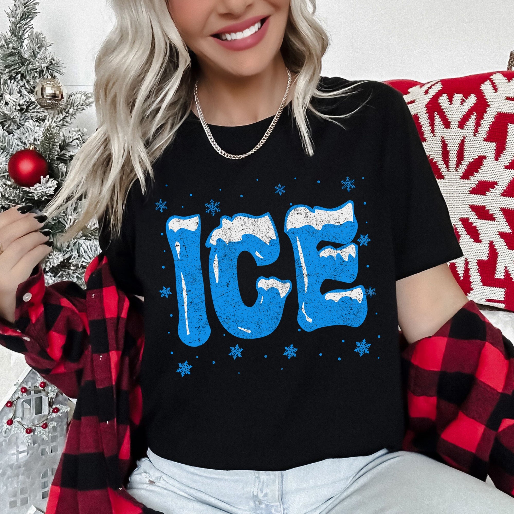 Ice Christmas Winter Cold Retro Vintage Holiday Frosty Scene Snowy Night Lights Cozy Winter Mood Graphic Tee