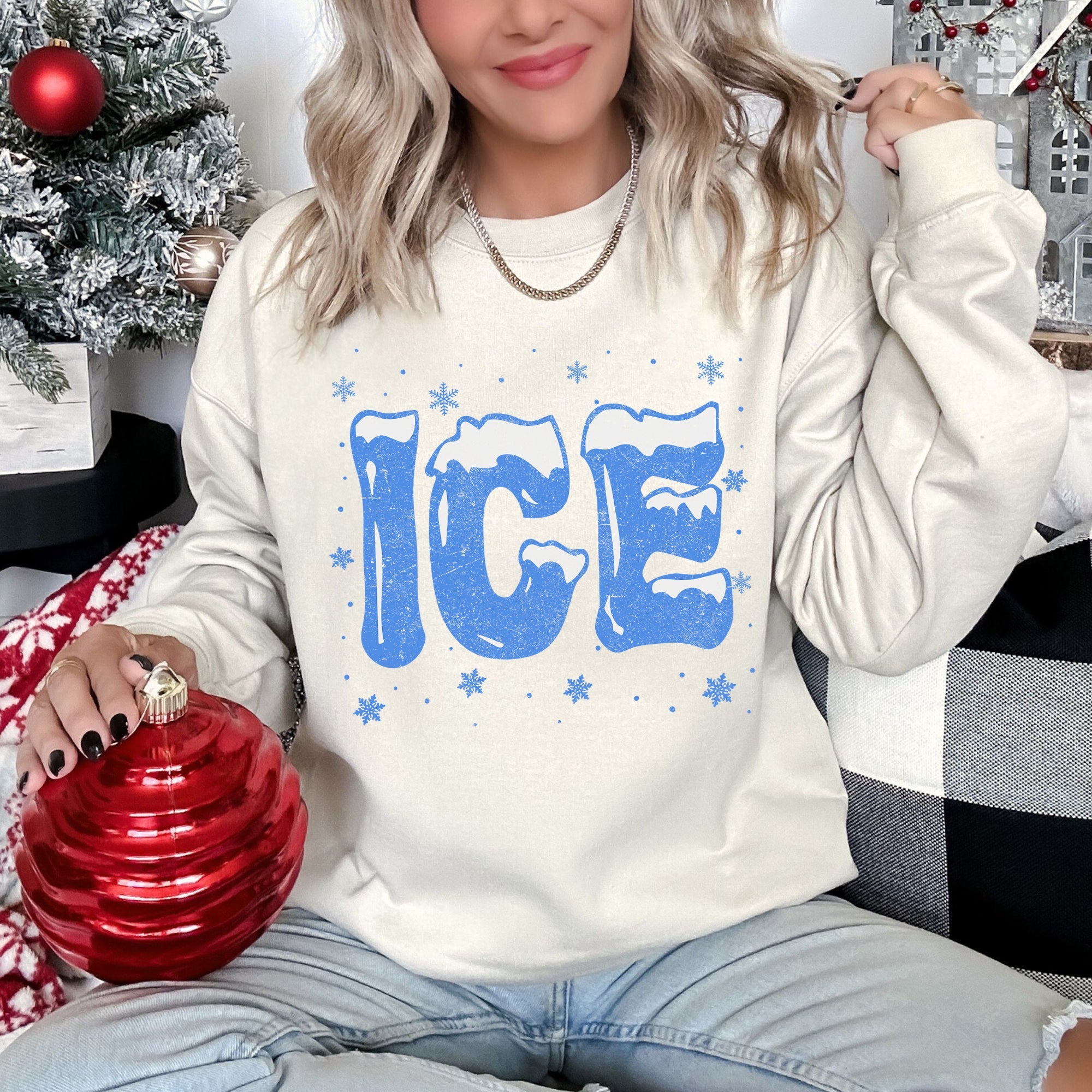 Ice Cold Christmas Winter Retro Nostalgic Snowy Night Sky Village Lights Mistletoe Winter Scene Sweatshirt