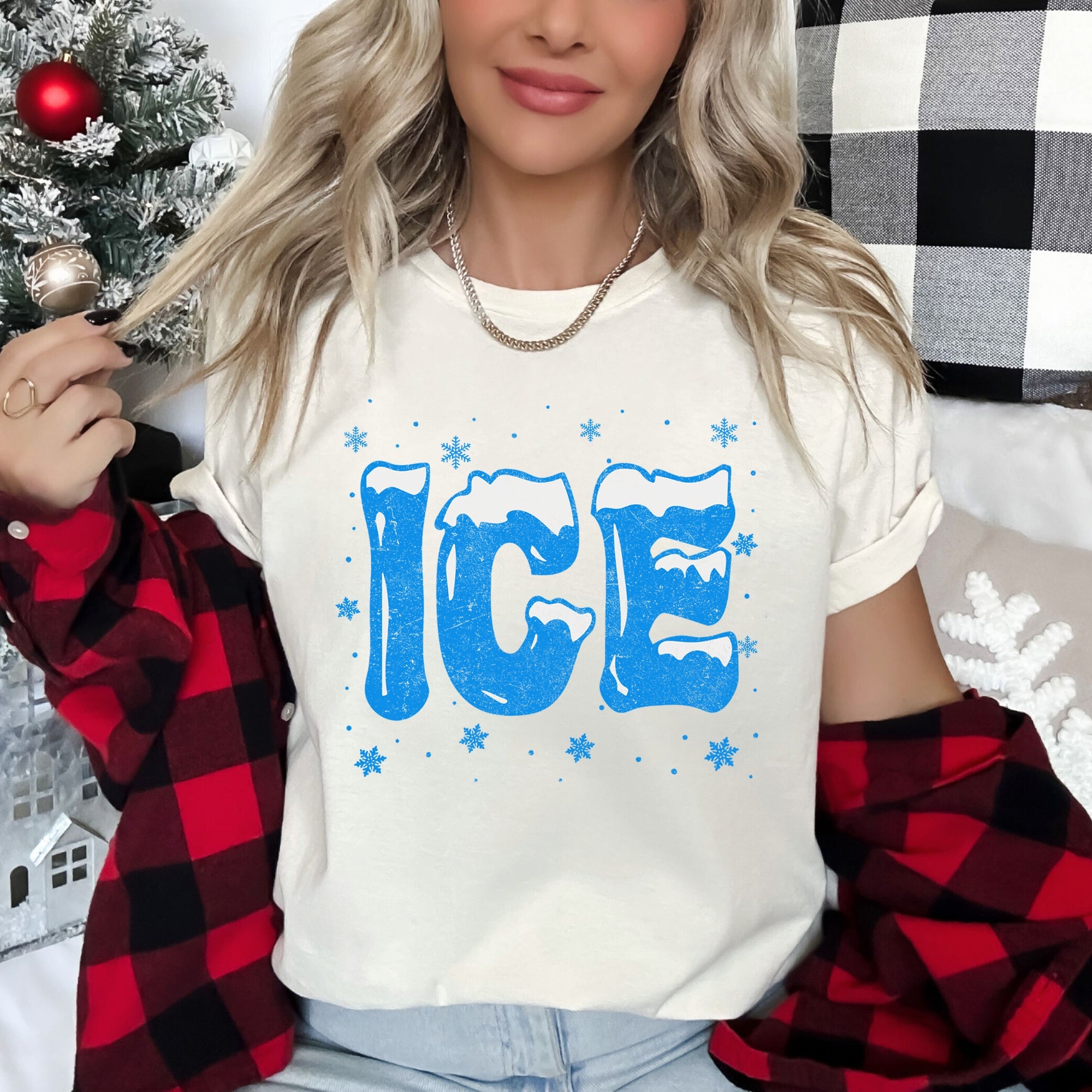 Ice Christmas Winter Cold Retro Vintage Holiday Frosty Scene Snowy Night Lights Cozy Winter Mood Graphic Tee