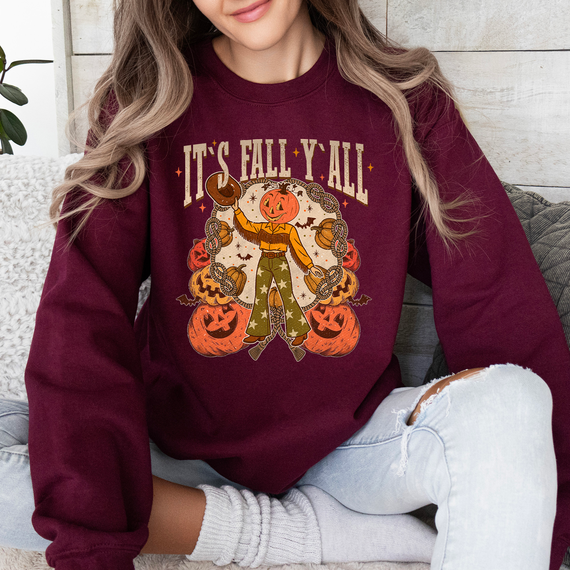 It's Fall Y'all Jack O Lantern Halloween Autumn Vintage Inspired Seasonal Sweatshirt