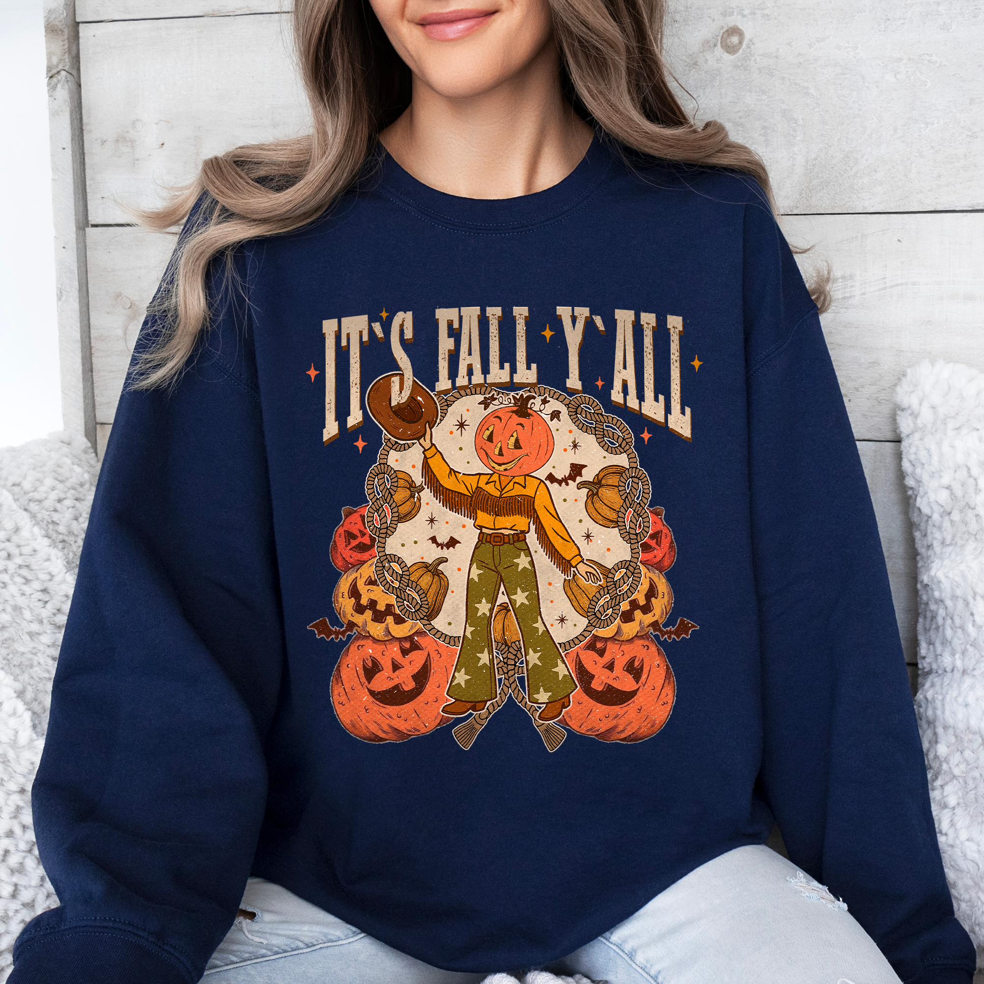 It's Fall Y'all Jack O Lantern Halloween Autumn Vintage Inspired Seasonal Sweatshirt