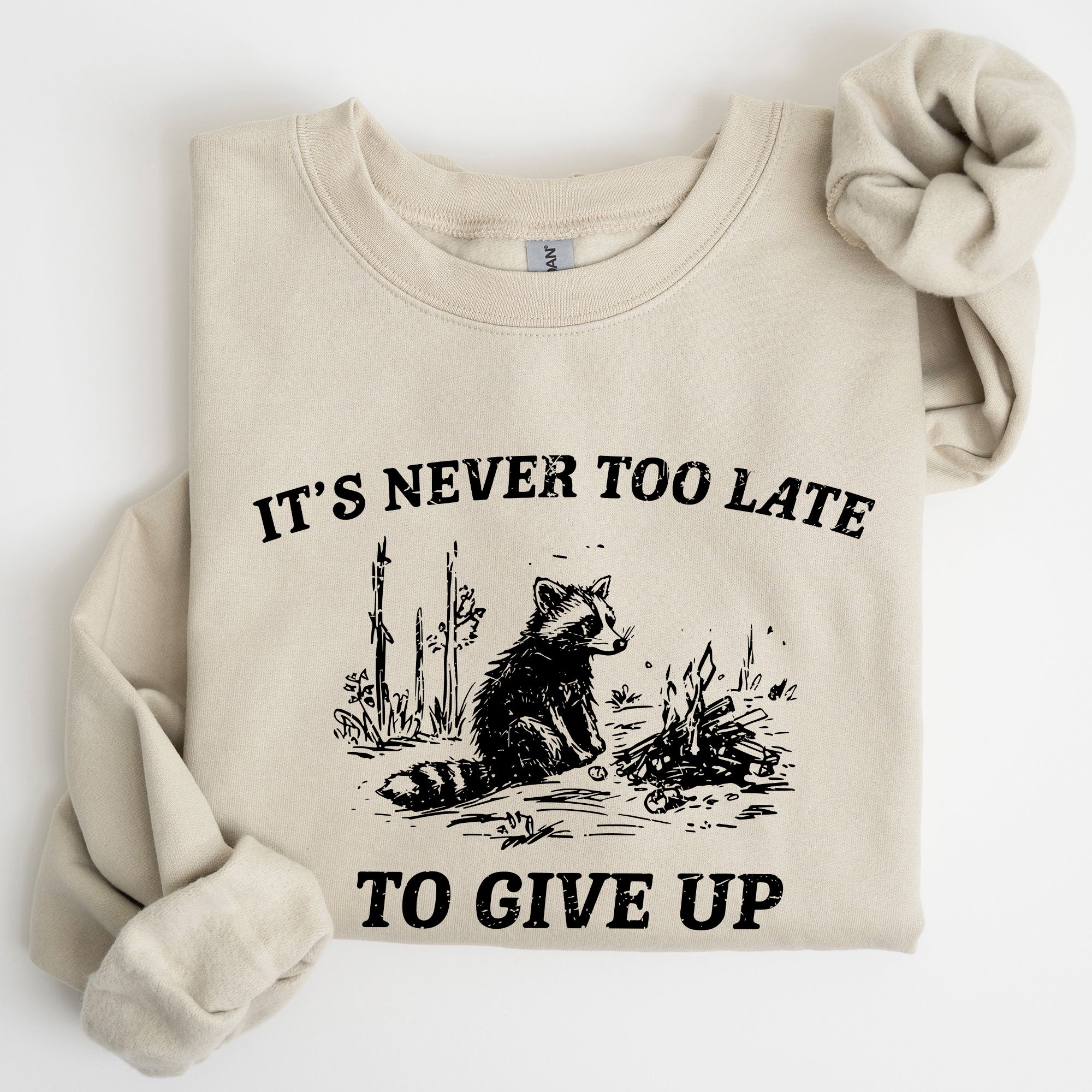 It's Never Too Late To Give Up Raccoon Graphic Illustration Cozy Thermal Sweatshirt