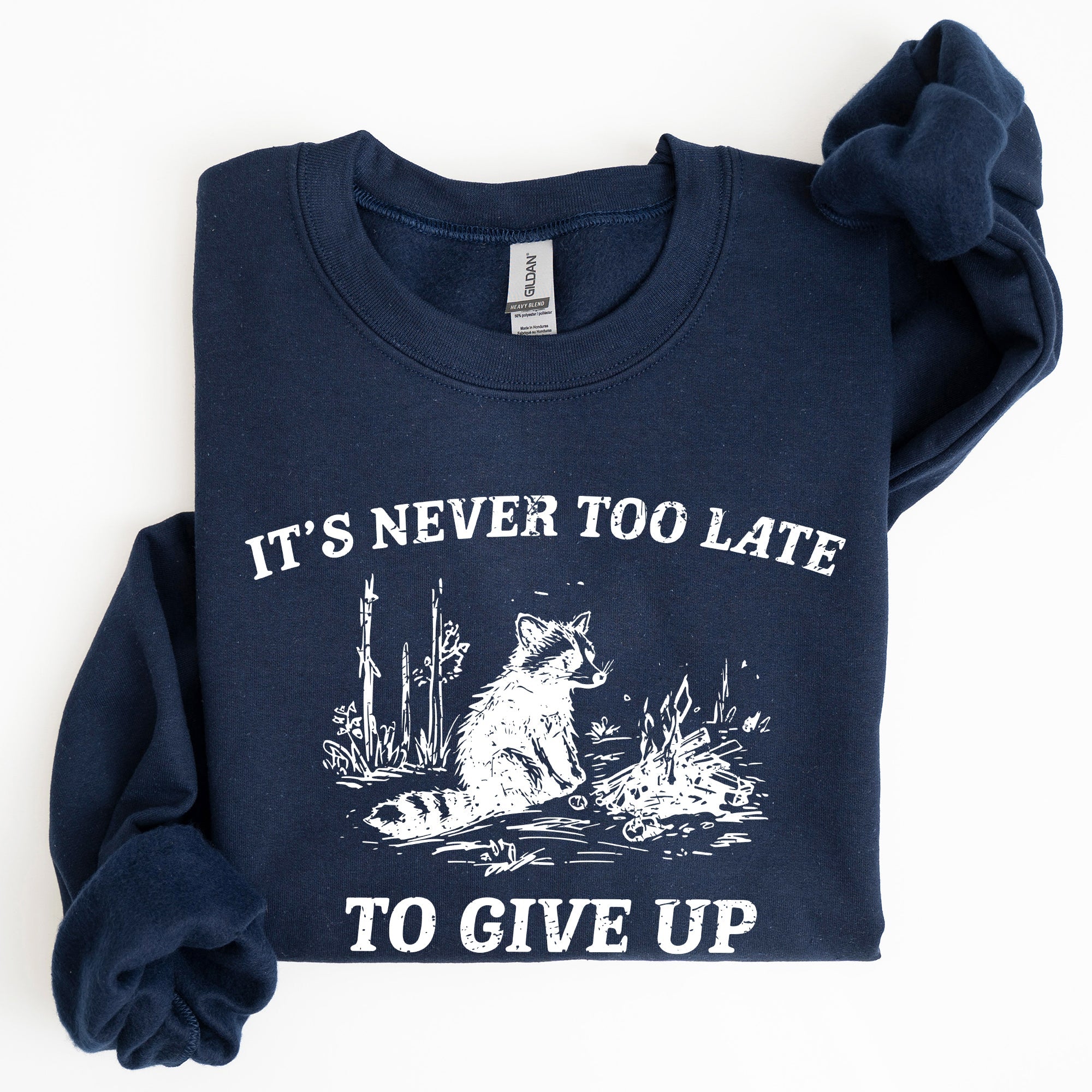 It's Never Too Late To Give Up Raccoon Graphic Illustration Cozy Thermal Sweatshirt