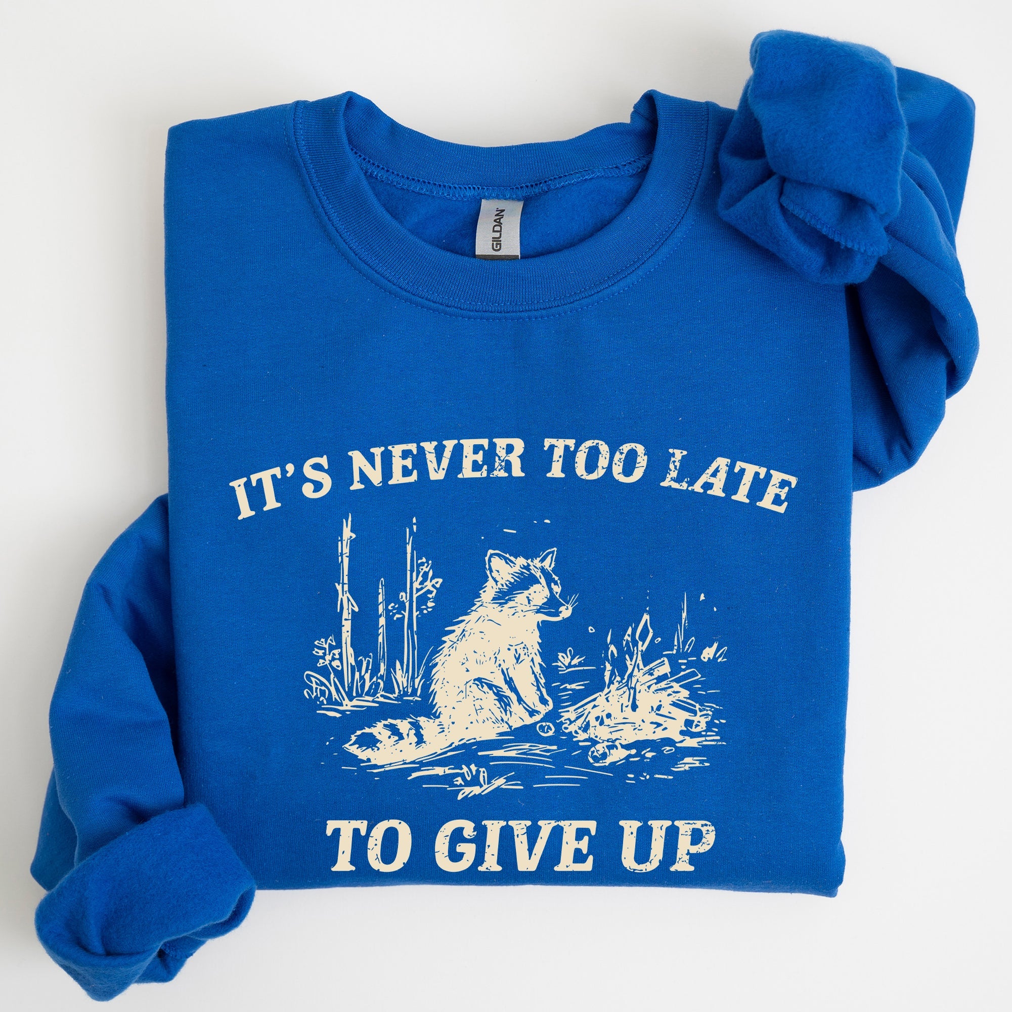 It's Never Too Late To Give Up Raccoon Meme Design For Laughs And Everyday Quirk Sweatshirt