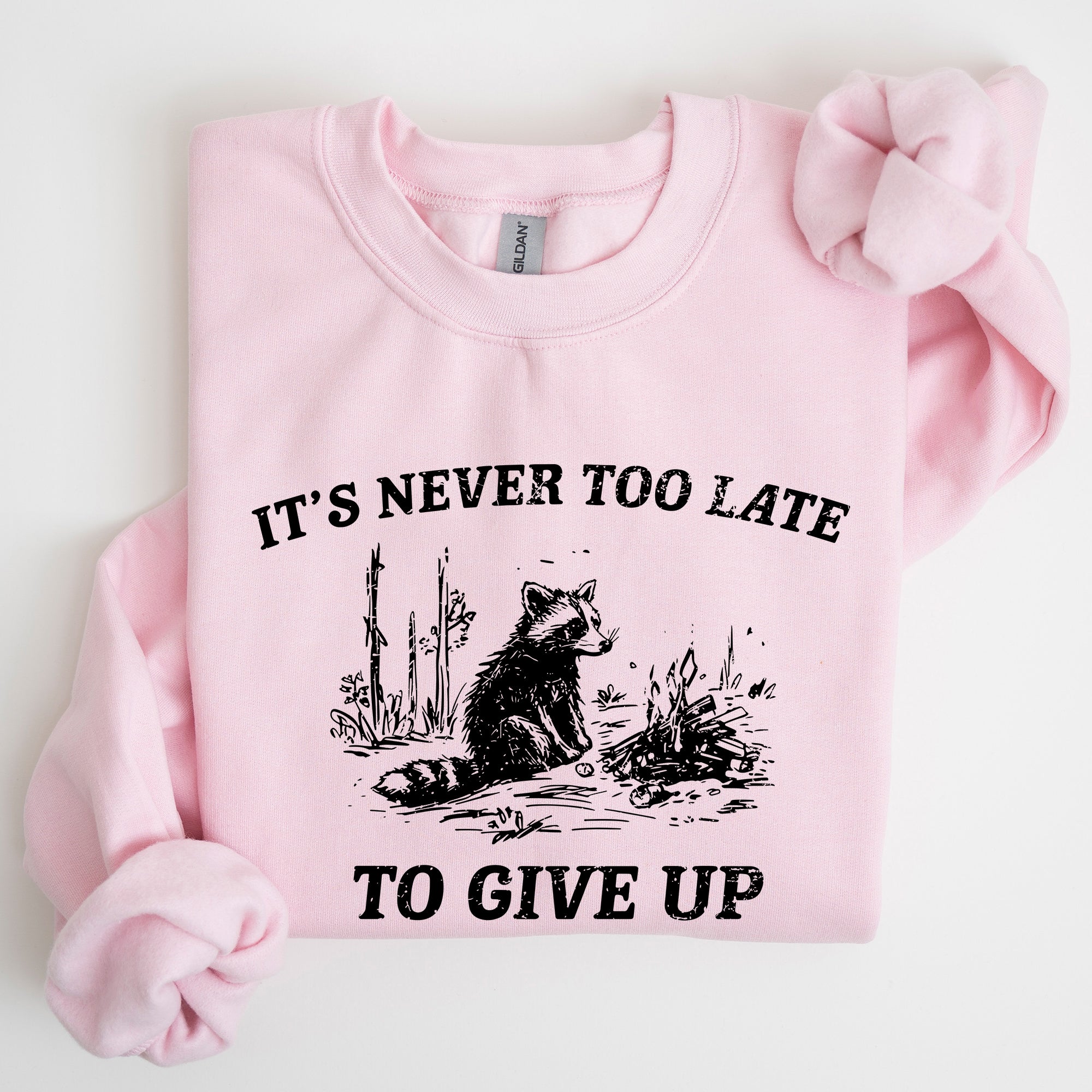 It's Never Too Late To Give Up Raccoon Meme Design For Laughs And Everyday Quirk Sweatshirt