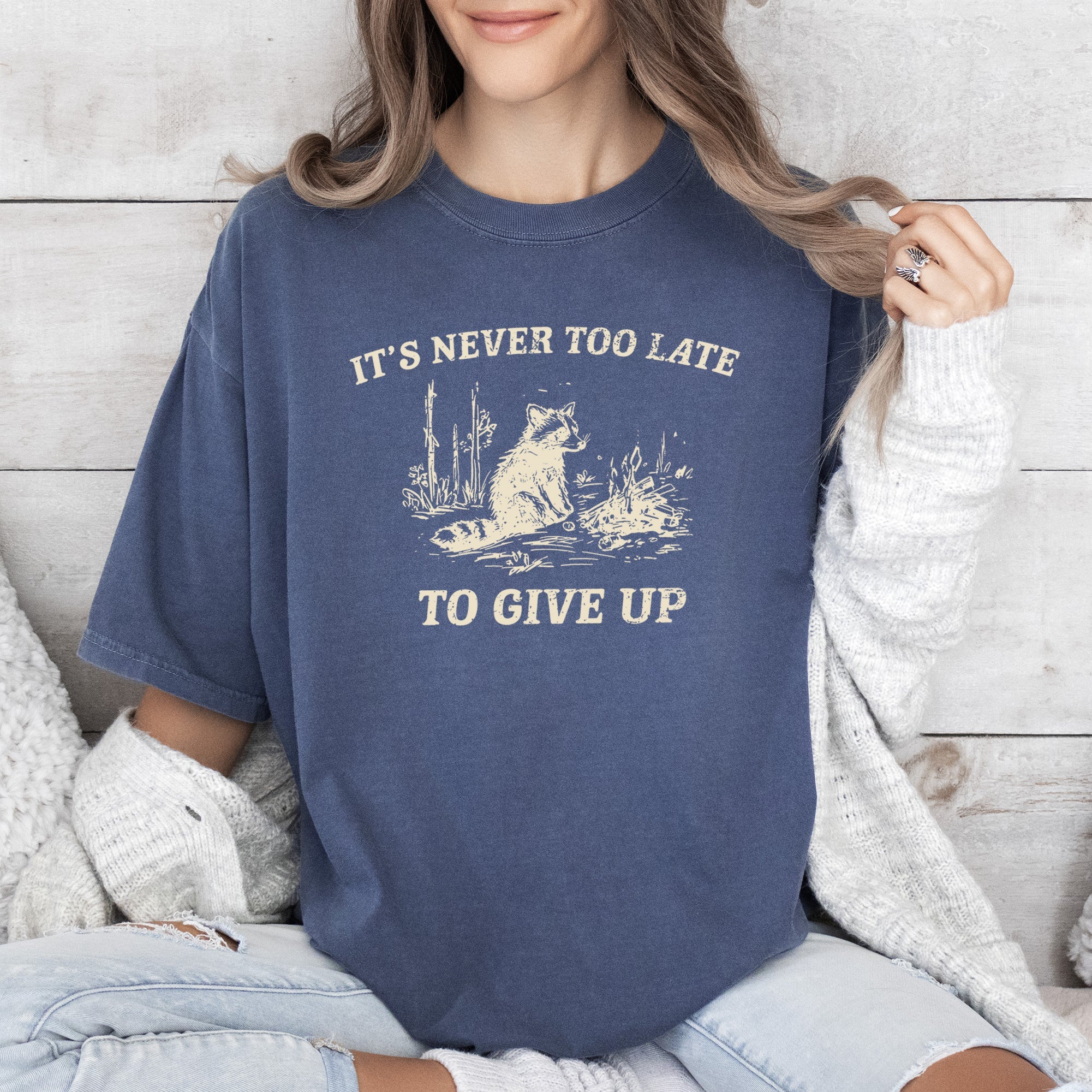 It's Never Too Late To Give Up Raccoon Meme Aesthetic Funny Comfort Colors Tee
