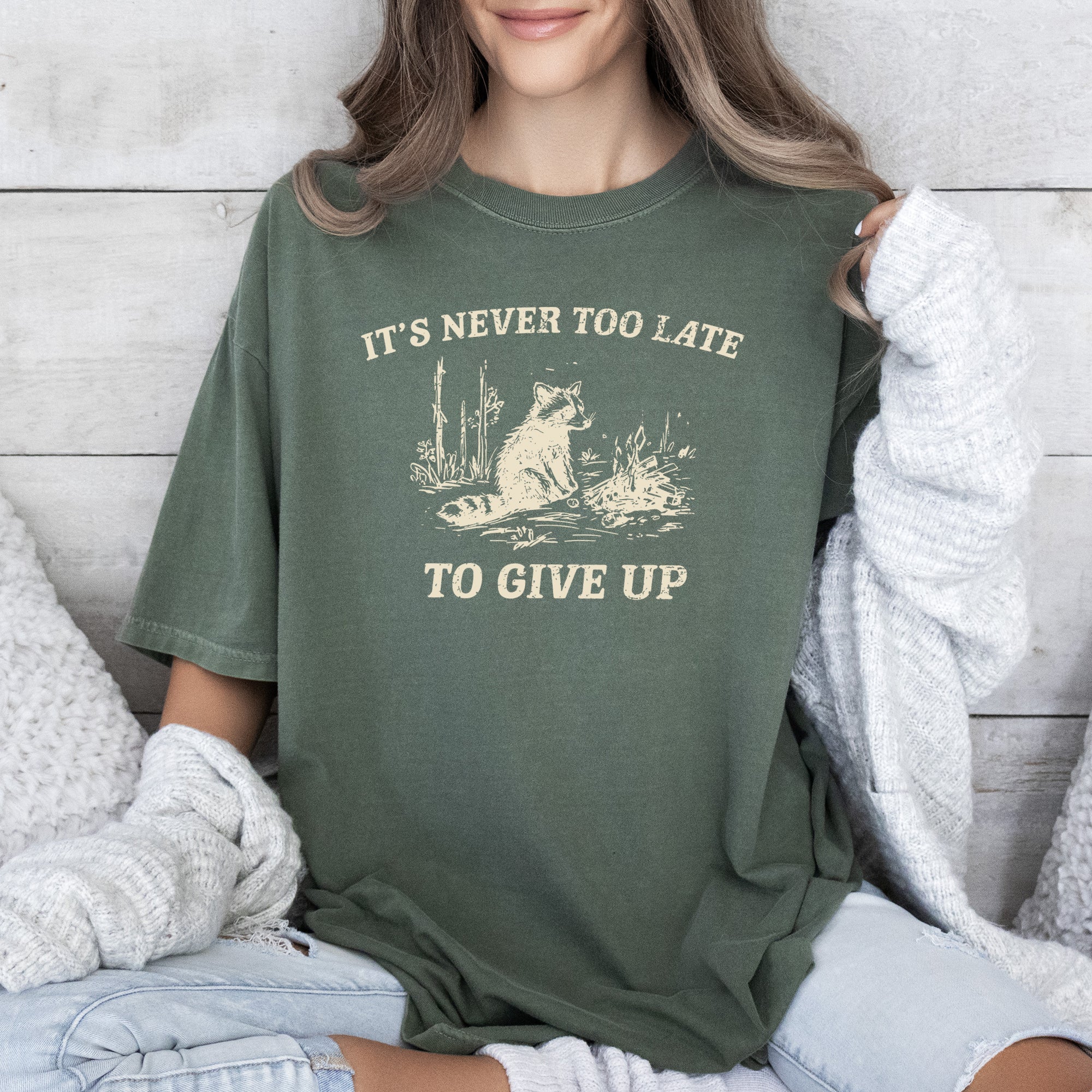 It's Never Too Late To Give Up Raccoon Meme Aesthetic Funny Comfort Colors Tee