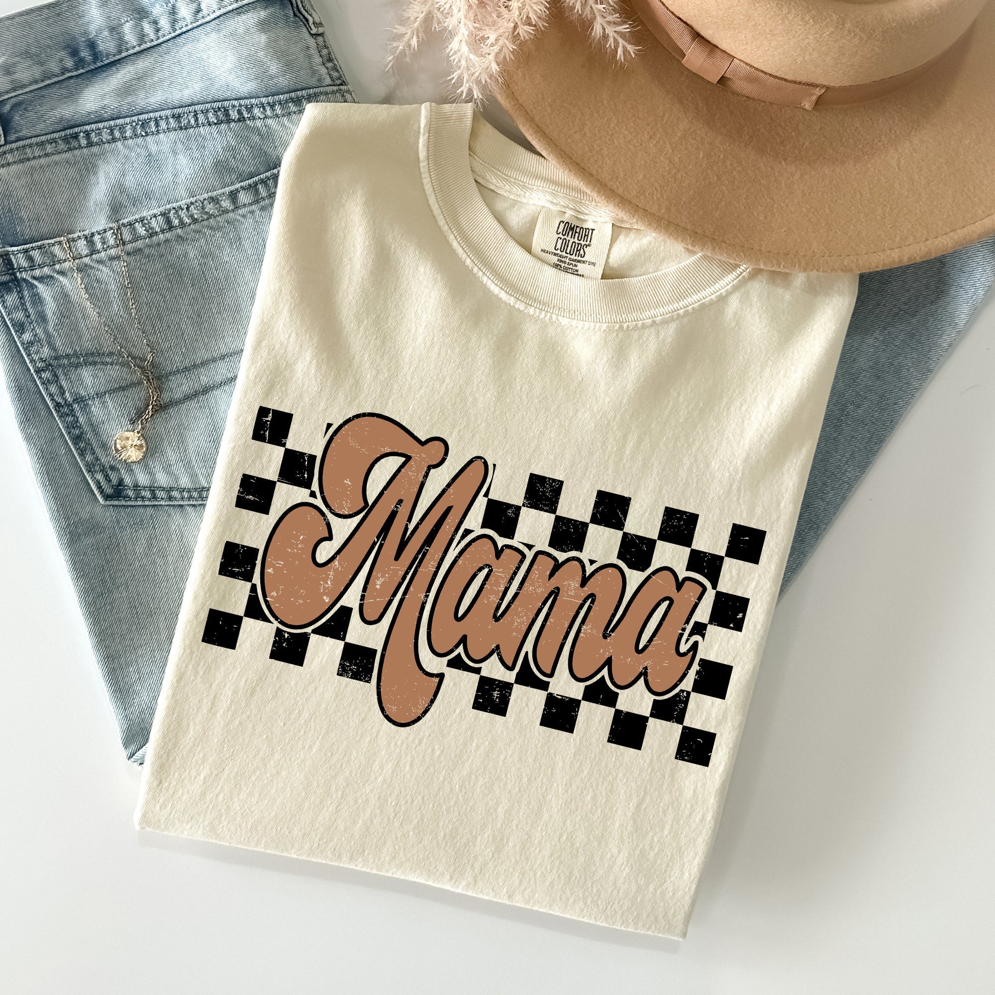Mama Retro Checkered Vintage Americana Cozy Everyday Timeless Casual Dreamy Comfort Colors Tee