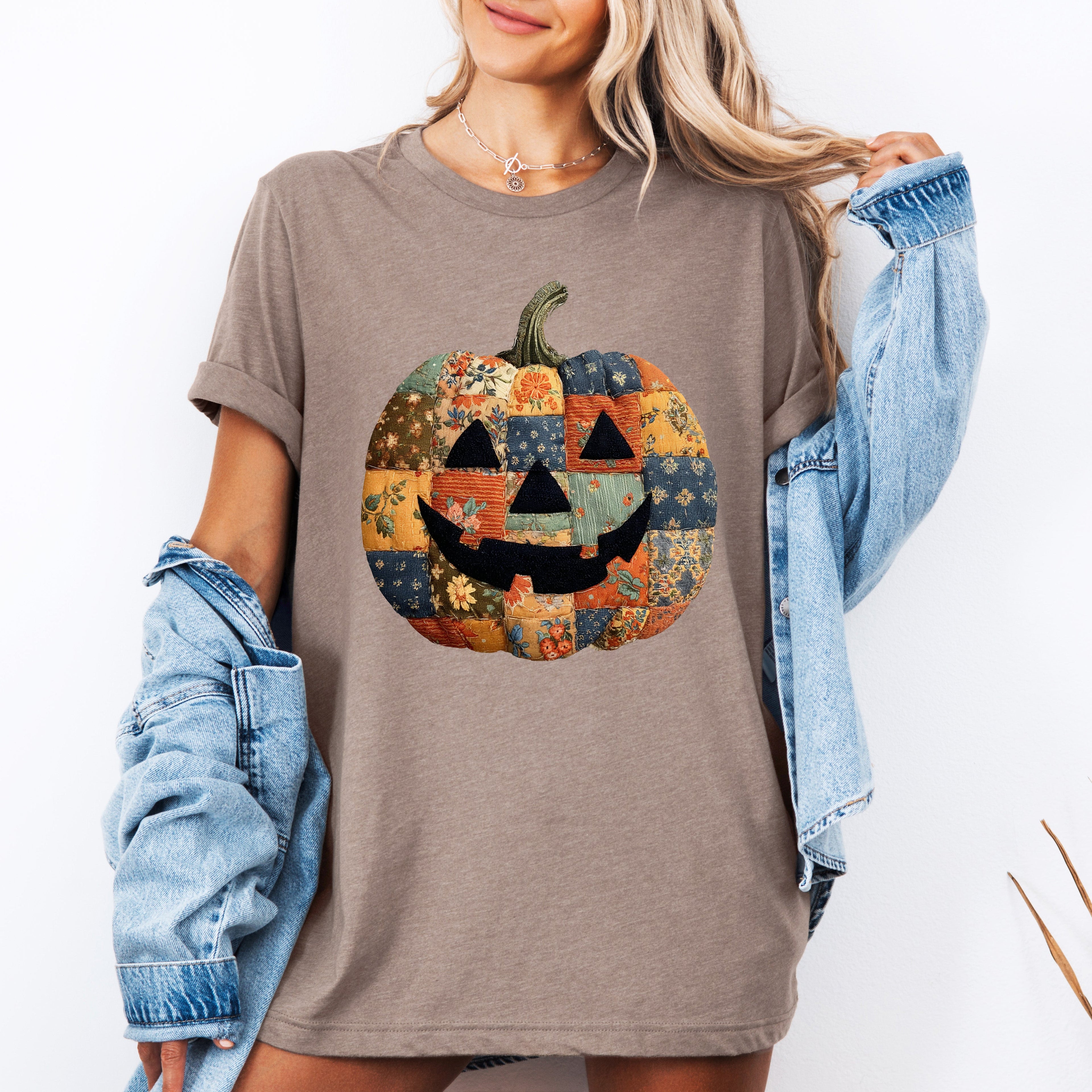 Jack-O-Lantern Faux Quilt Pumpkin Halloween Fall Autumn Vintage Cozy Decor Graphic Tee