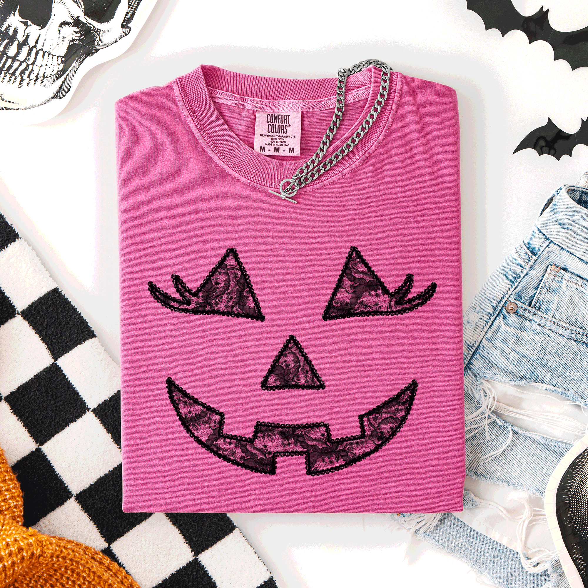 Jack-O-Lantern Coquette Faux Lace Halloween Motif Delicate Detail Print Comfort Colors Tee