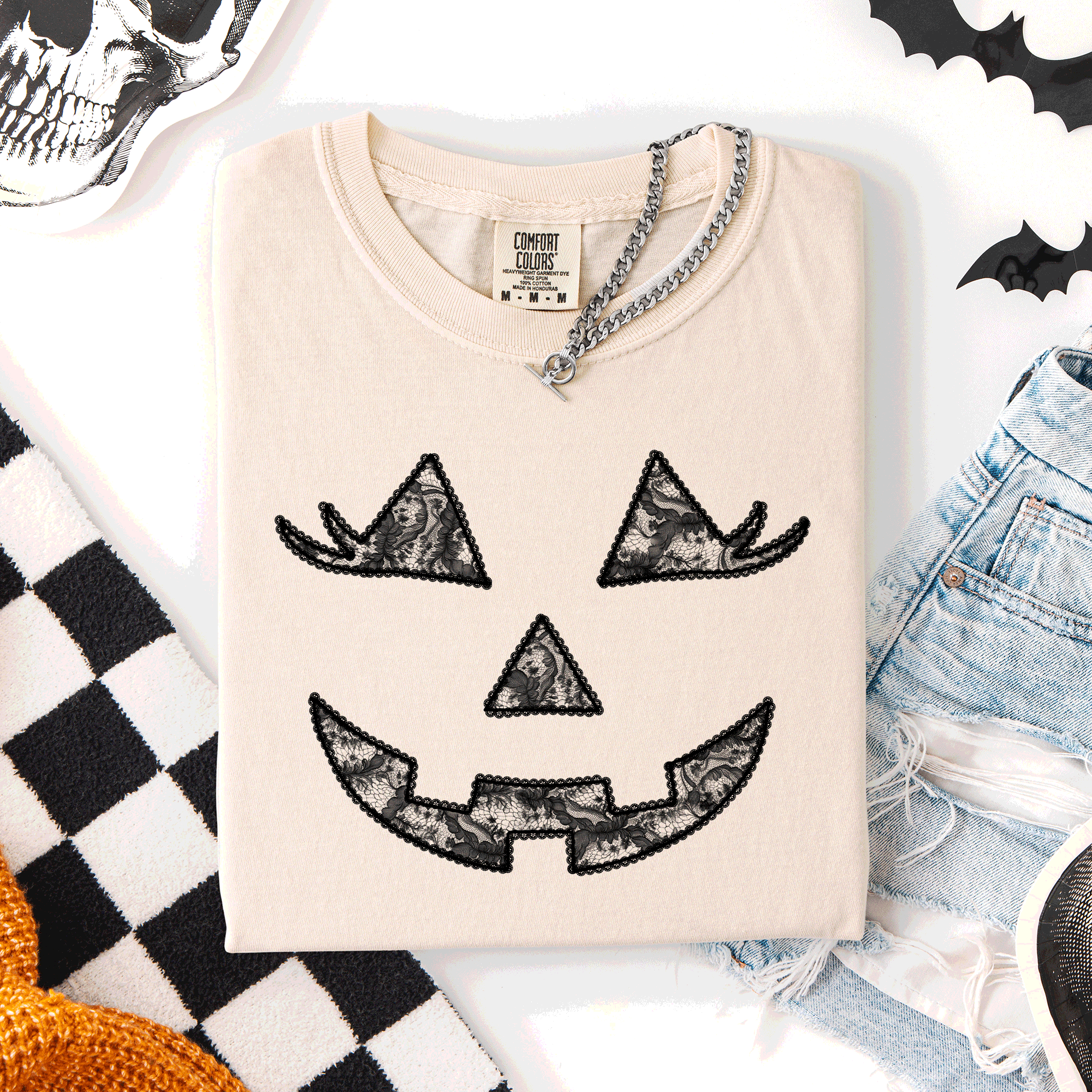 Jack-O-Lantern Coquette Faux Lace Halloween Motif Delicate Detail Print Comfort Colors Tee