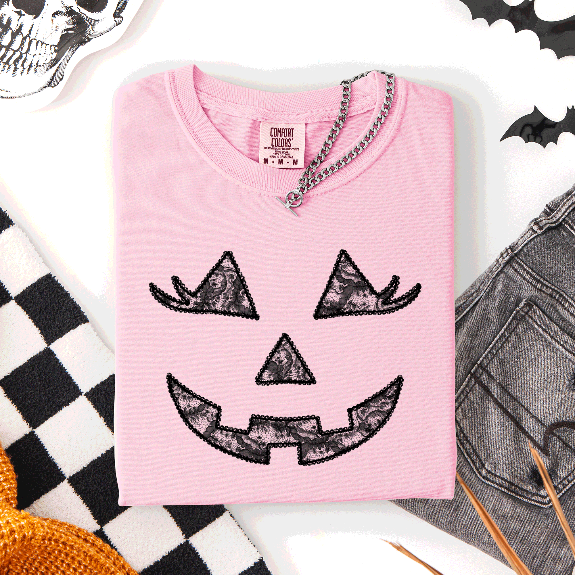 Jack-O-Lantern Coquette Faux Lace Halloween Motif Delicate Detail Print Comfort Colors Tee