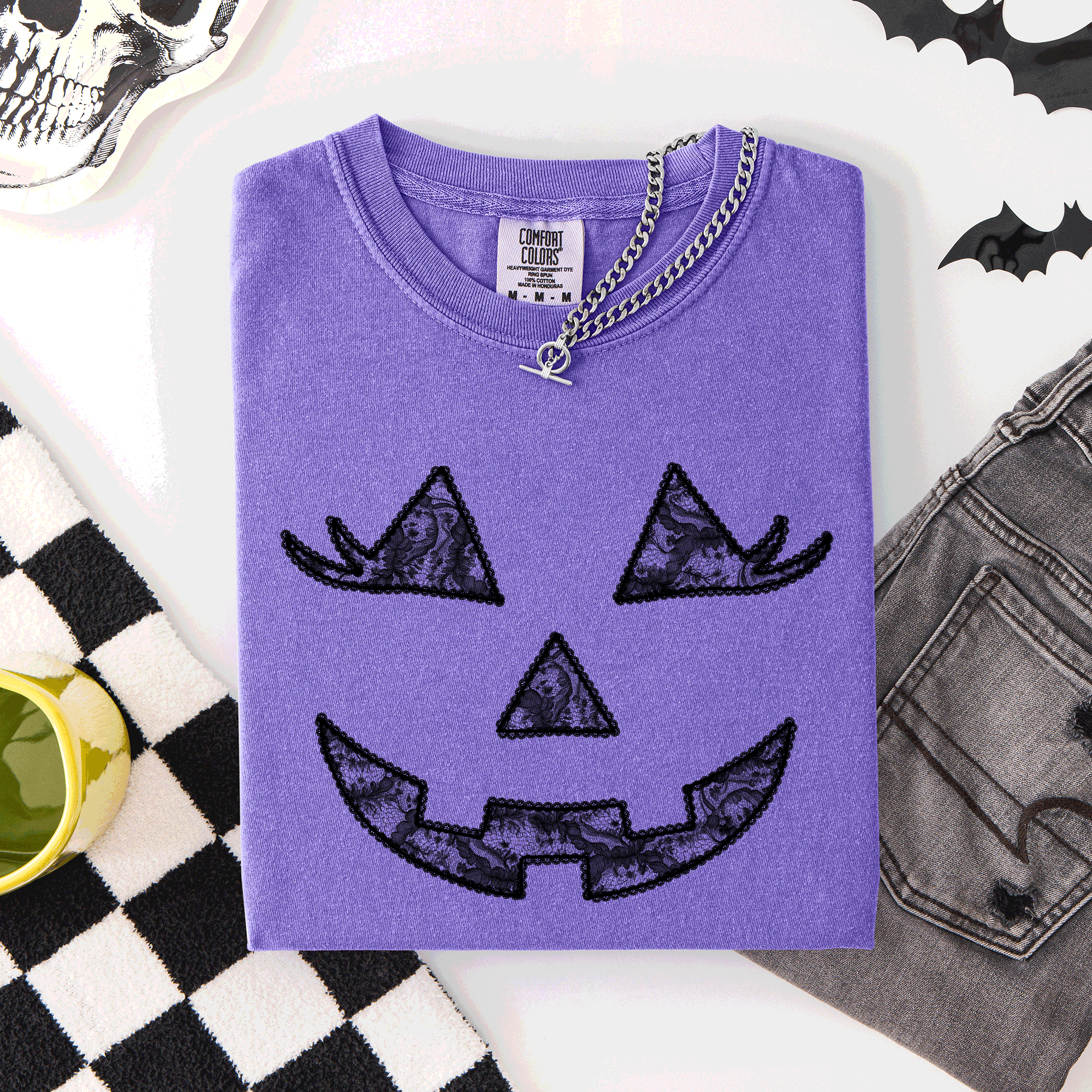 Jack-O-Lantern Coquette Faux Lace Halloween Motif Delicate Detail Print Comfort Colors Tee