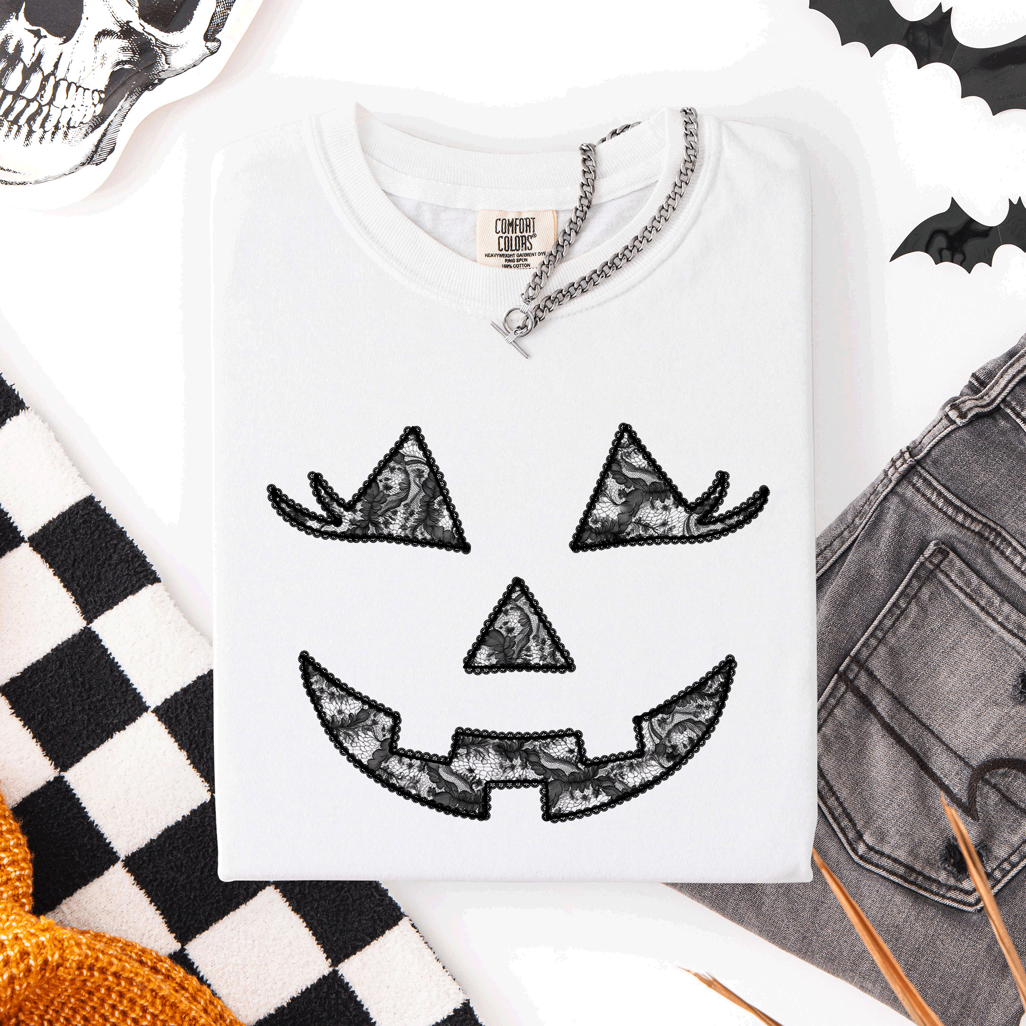 Jack-O-Lantern Coquette Faux Lace Halloween Motif Delicate Detail Print Comfort Colors Tee