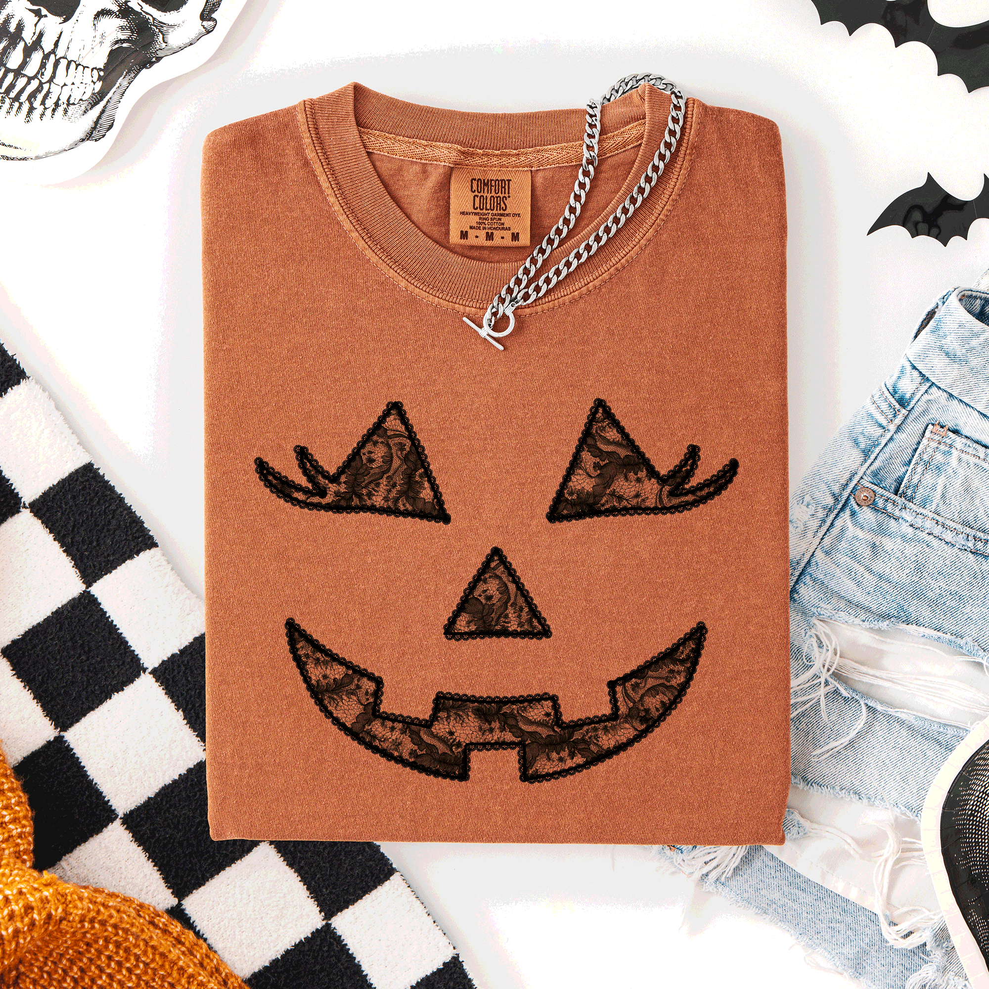 Jack-O-Lantern Coquette Faux Lace Halloween Motif Delicate Detail Print Comfort Colors Tee