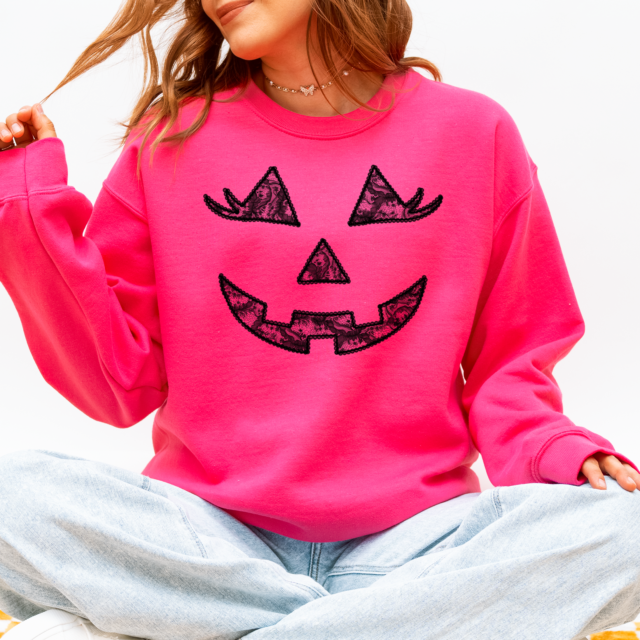 Jack O Lantern Coquette Faux Lace Halloween Vintage Inspired Cozy Embroidered Sweatshirt