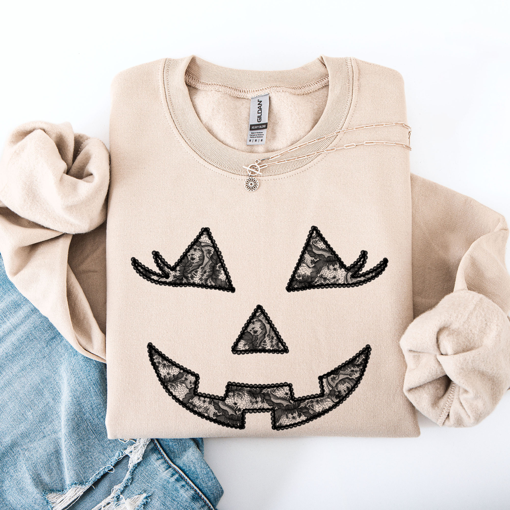 Jack O Lantern Coquette Faux Lace Halloween Vintage Inspired Cozy Embroidered Sweatshirt