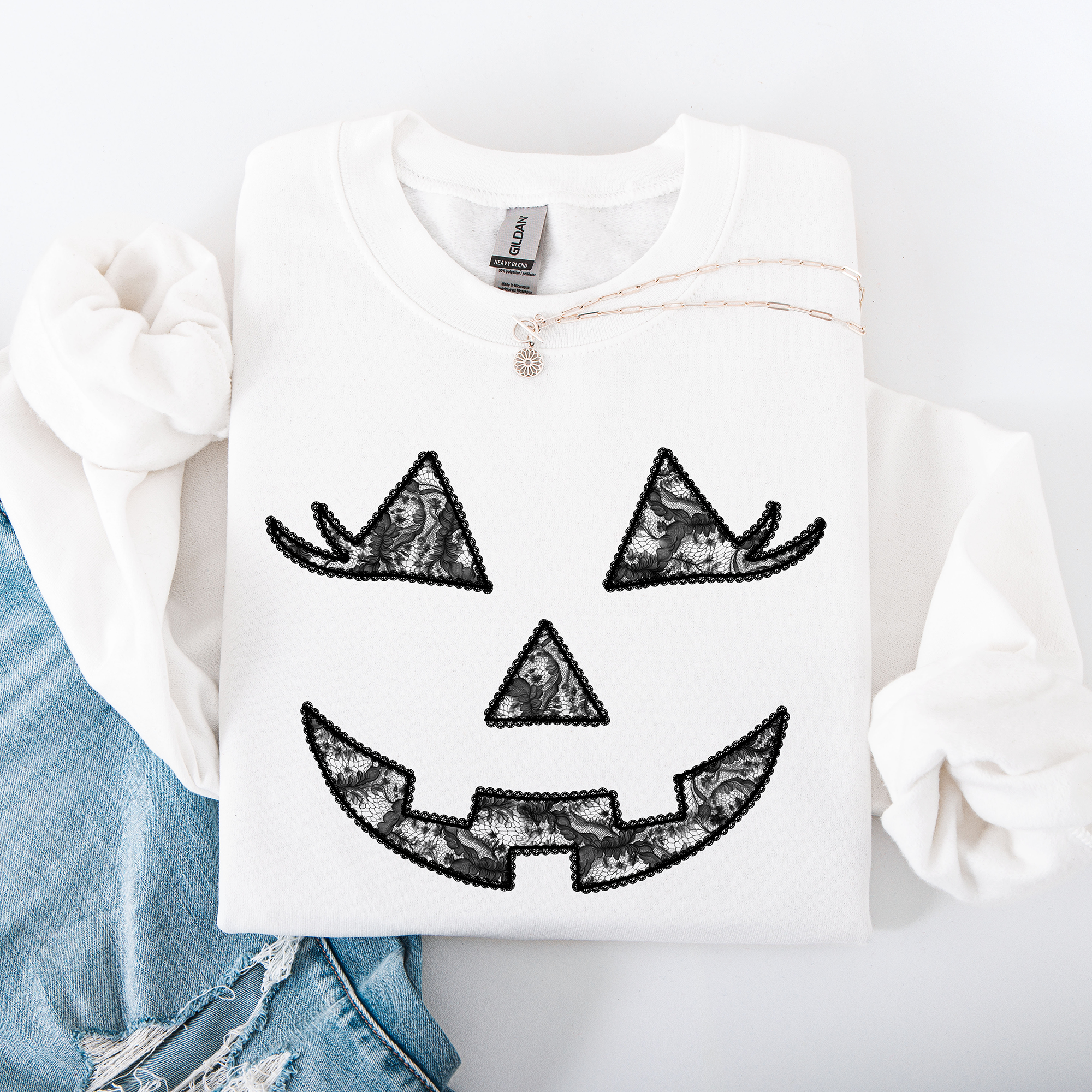 Jack O Lantern Coquette Faux Lace Halloween Vintage Inspired Cozy Embroidered Sweatshirt