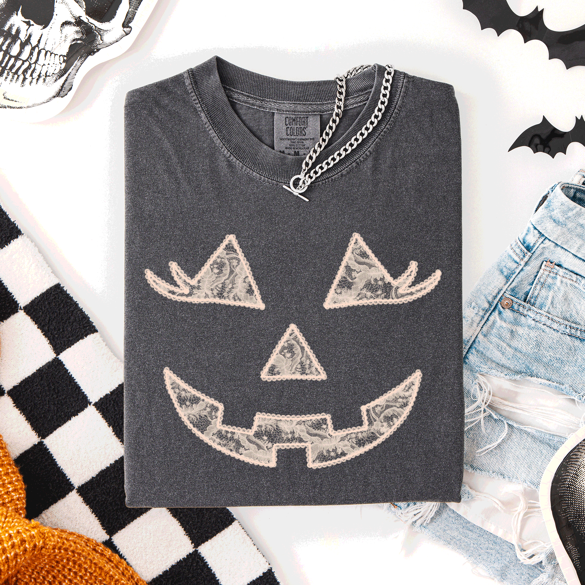Jack-O-Lantern Coquette Faux Lace Halloween Motif Delicate Detail Print Comfort Colors Tee