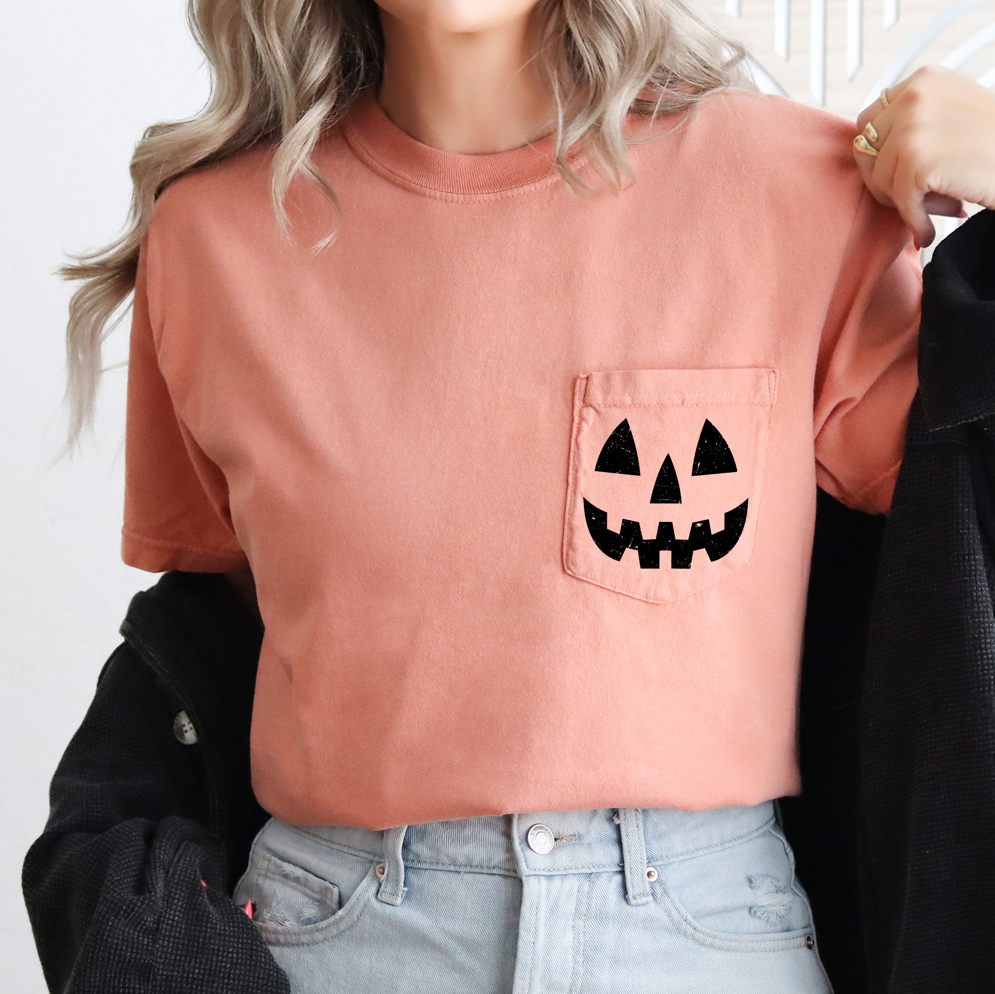 Jack o Lantern Coquette Faux Lace Halloween Spooky Pumpkin Pocket Premium Graphic Tee