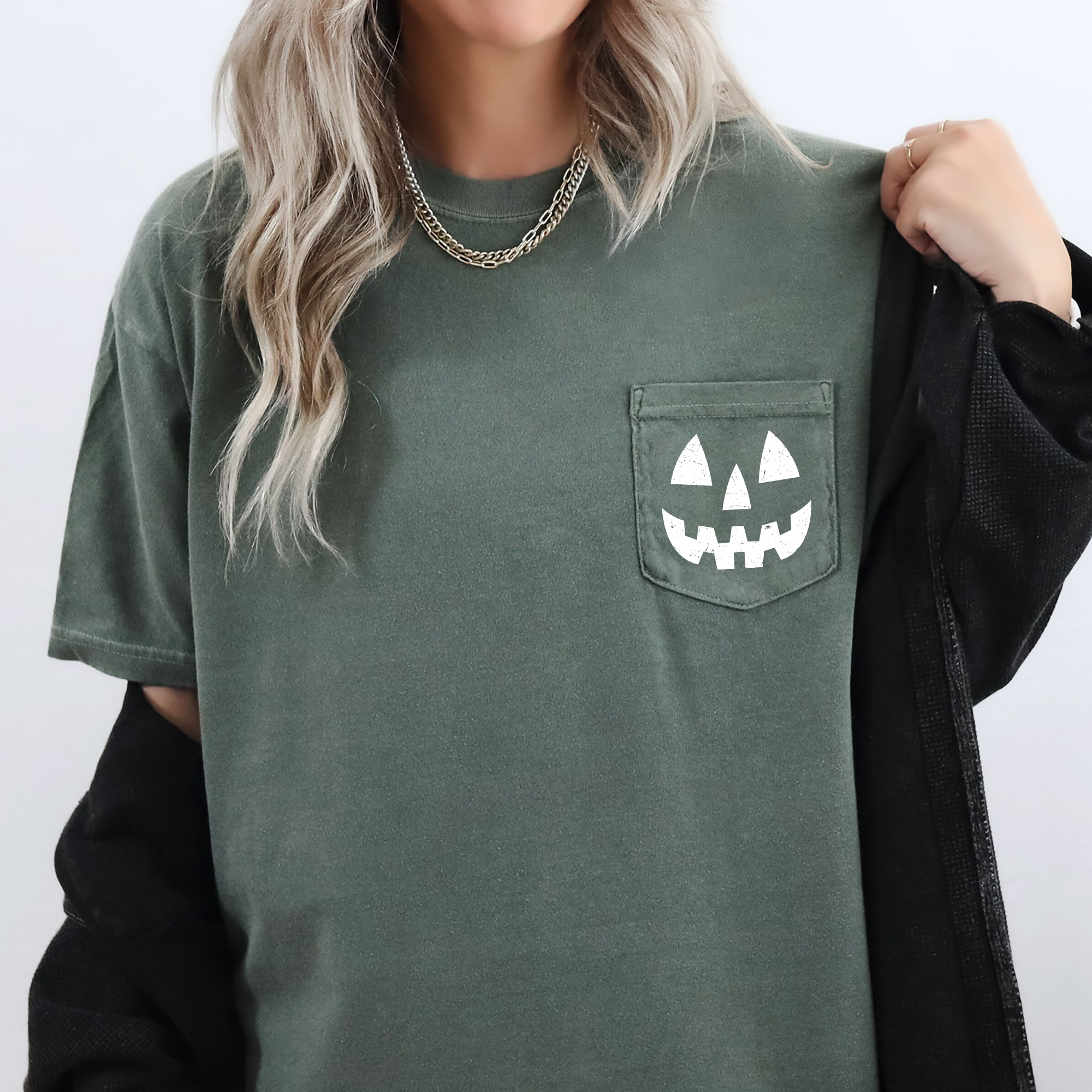 Jack o Lantern Coquette Faux Lace Halloween Spooky Pumpkin Pocket Premium Graphic Tee