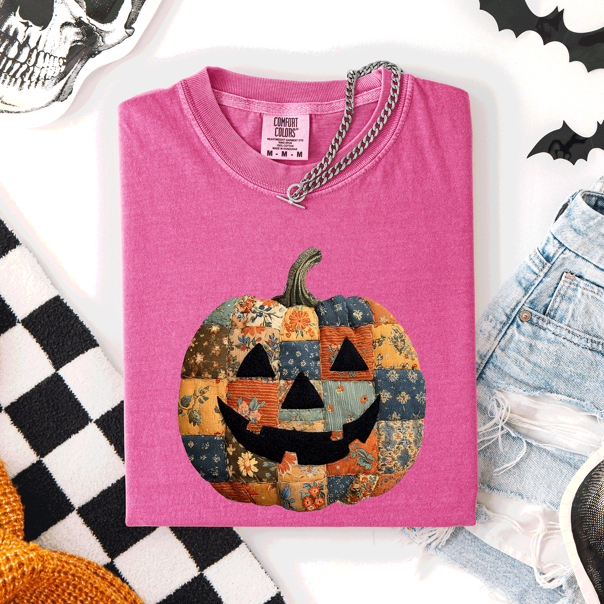 Jack O Lantern Faux Quilt Pumpkin Halloween Fall Autumn Spooky Cozy Comfort Colors Tee