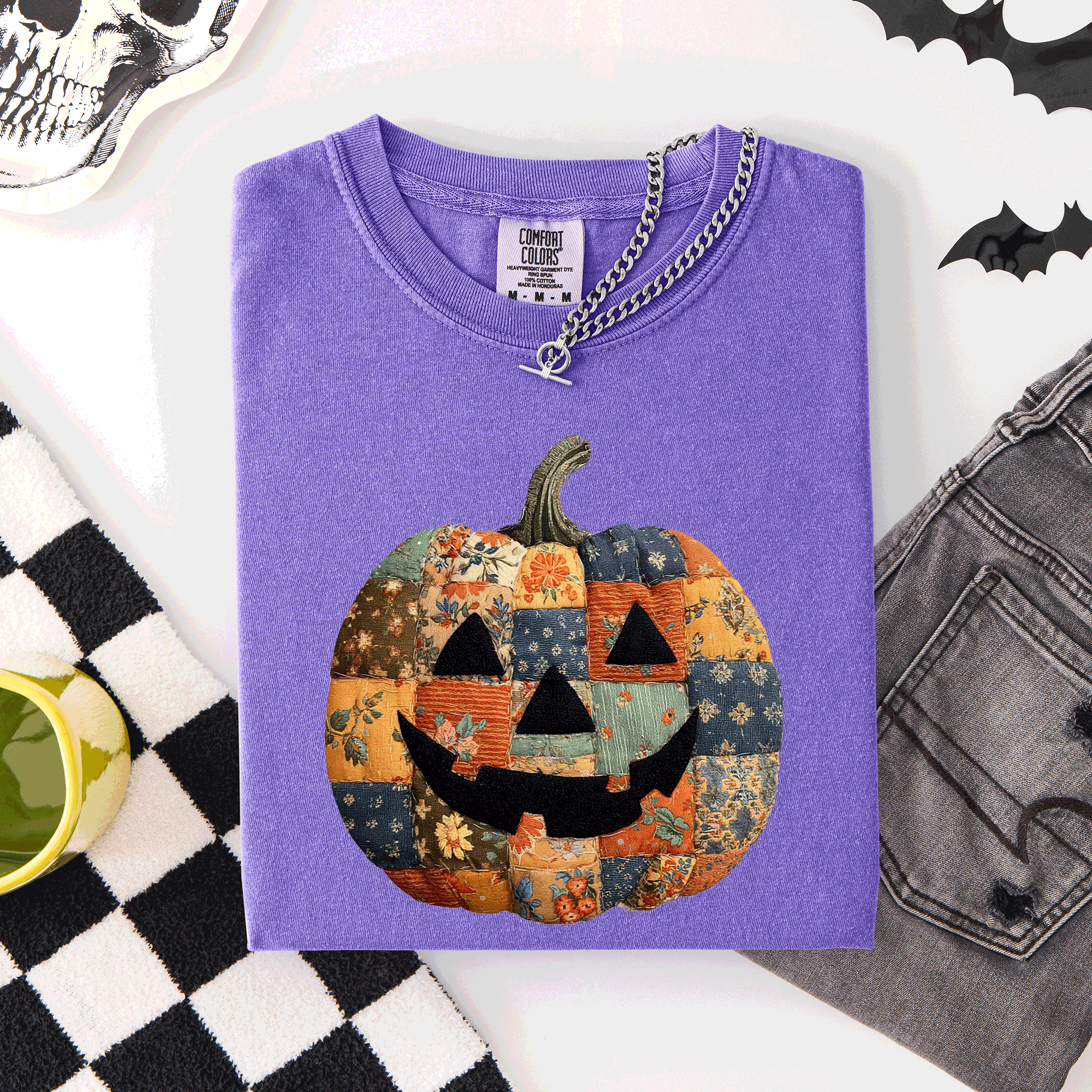 Jack O Lantern Faux Quilt Pumpkin Halloween Fall Autumn Spooky Cozy Comfort Colors Tee