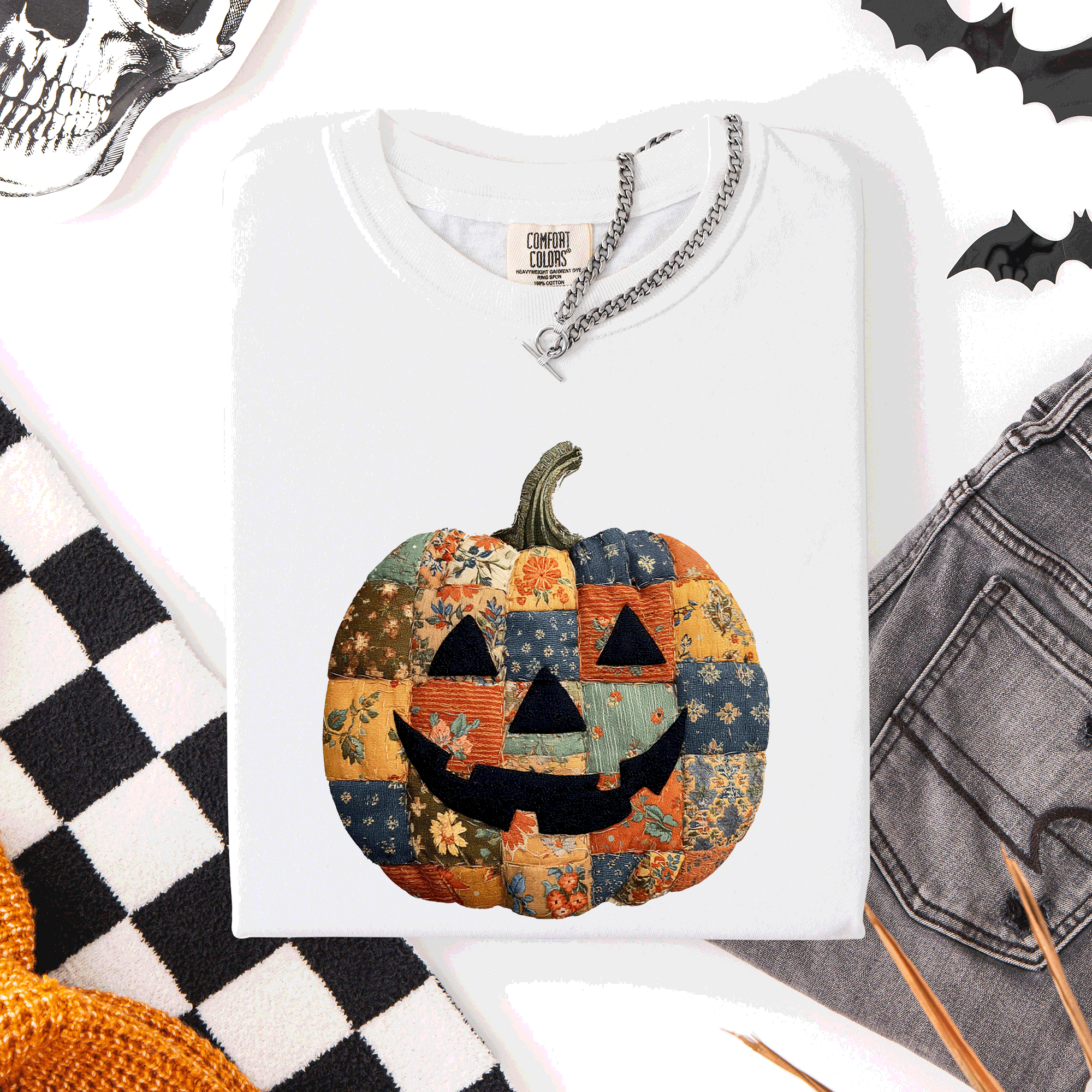 Jack O Lantern Faux Quilt Pumpkin Halloween Fall Autumn Spooky Cozy Comfort Colors Tee