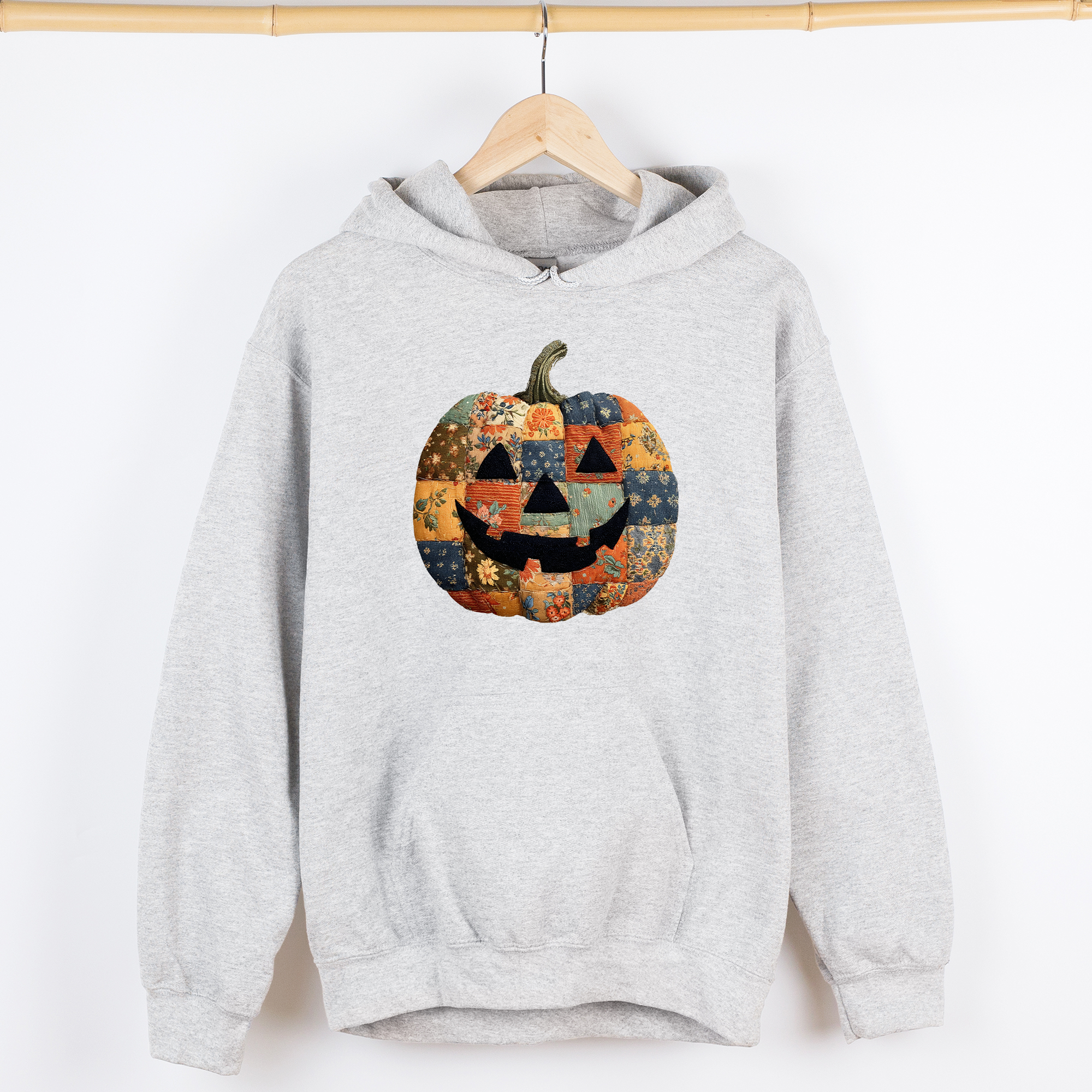 Jack-O-Lantern Faux Quilt Pumpkin Halloween Harvest Night Vintage Cozy Fall Inspired Graphic Hoodie