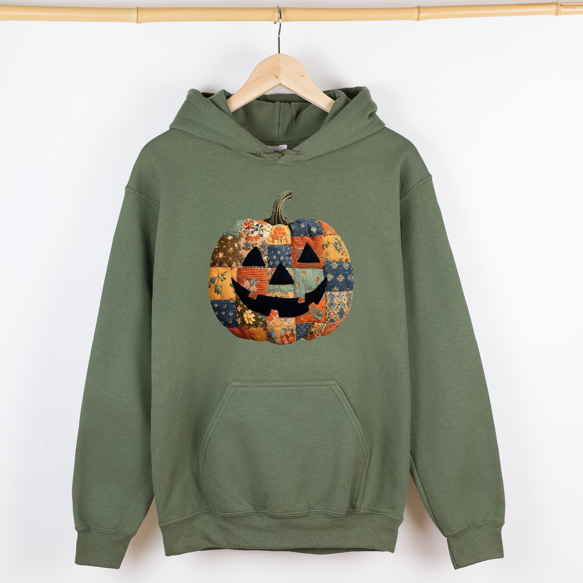 Jack-O-Lantern Faux Quilt Pumpkin Halloween Harvest Night Vintage Cozy Fall Inspired Graphic Hoodie