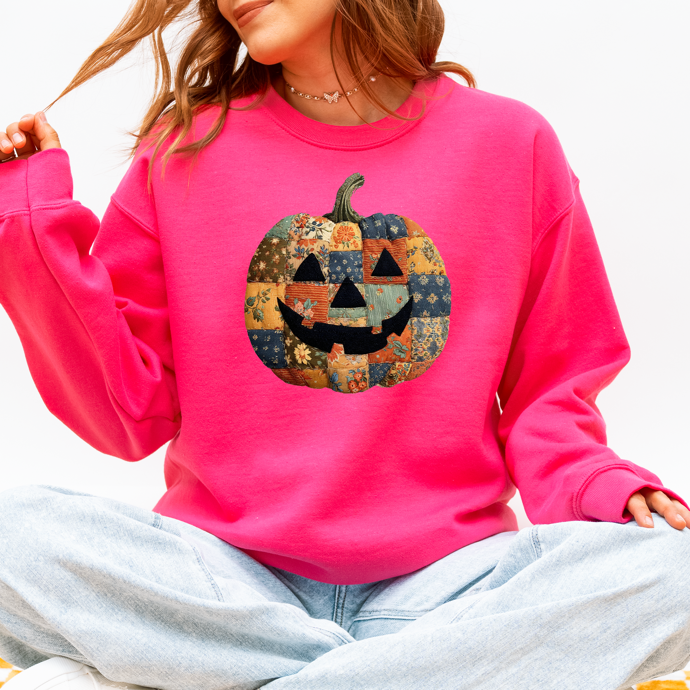 Jack O Lantern Faux Quilt Pumpkin Halloween Fall Autumn Cozy Patchwork Style Sweatshirt