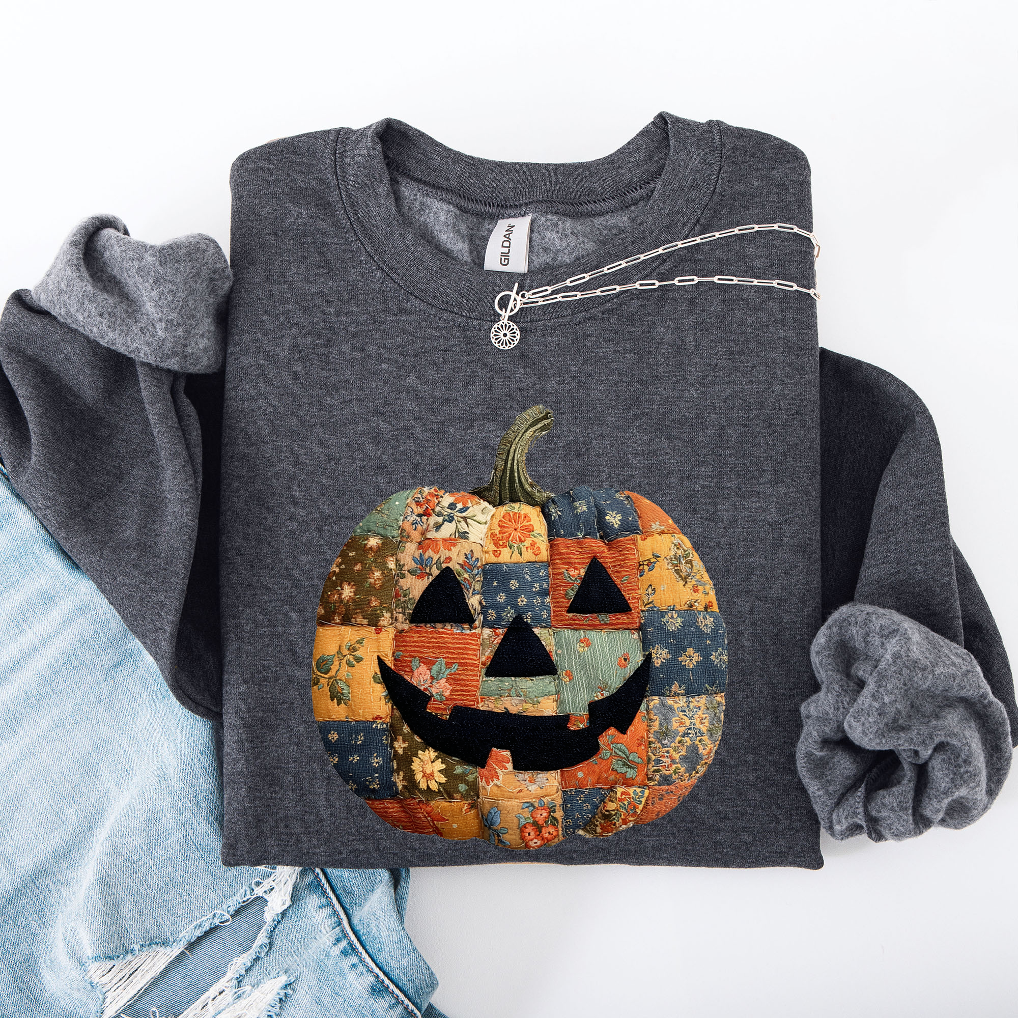 Jack O Lantern Faux Quilt Pumpkin Halloween Fall Autumn Cozy Patchwork Style Sweatshirt
