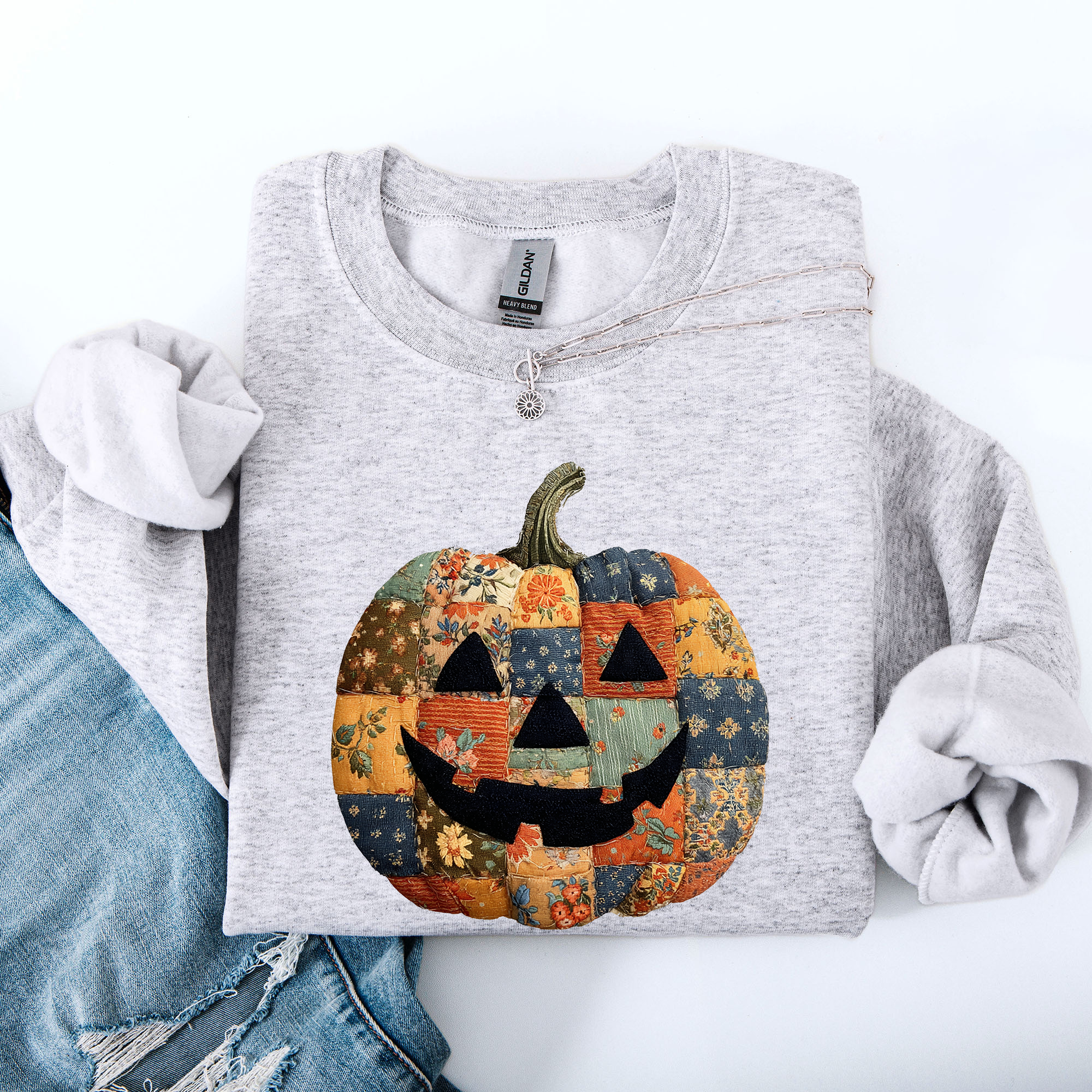 Jack O Lantern Faux Quilt Pumpkin Halloween Fall Autumn Cozy Patchwork Style Sweatshirt