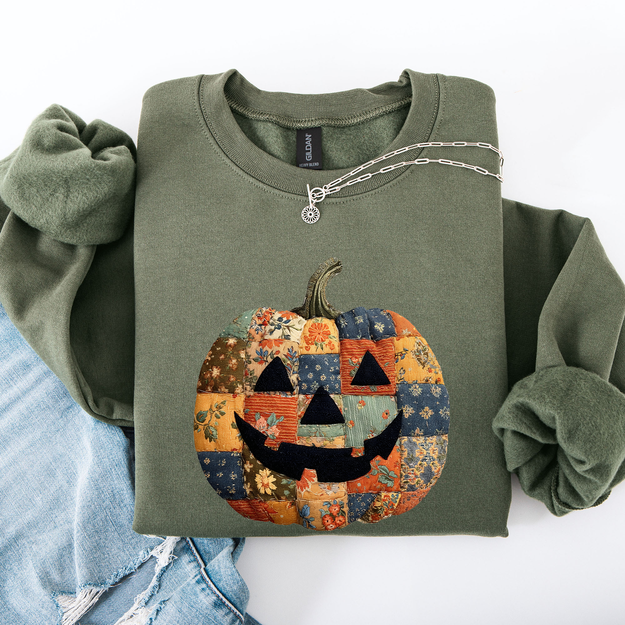 Jack O Lantern Faux Quilt Pumpkin Halloween Fall Autumn Cozy Patchwork Style Sweatshirt