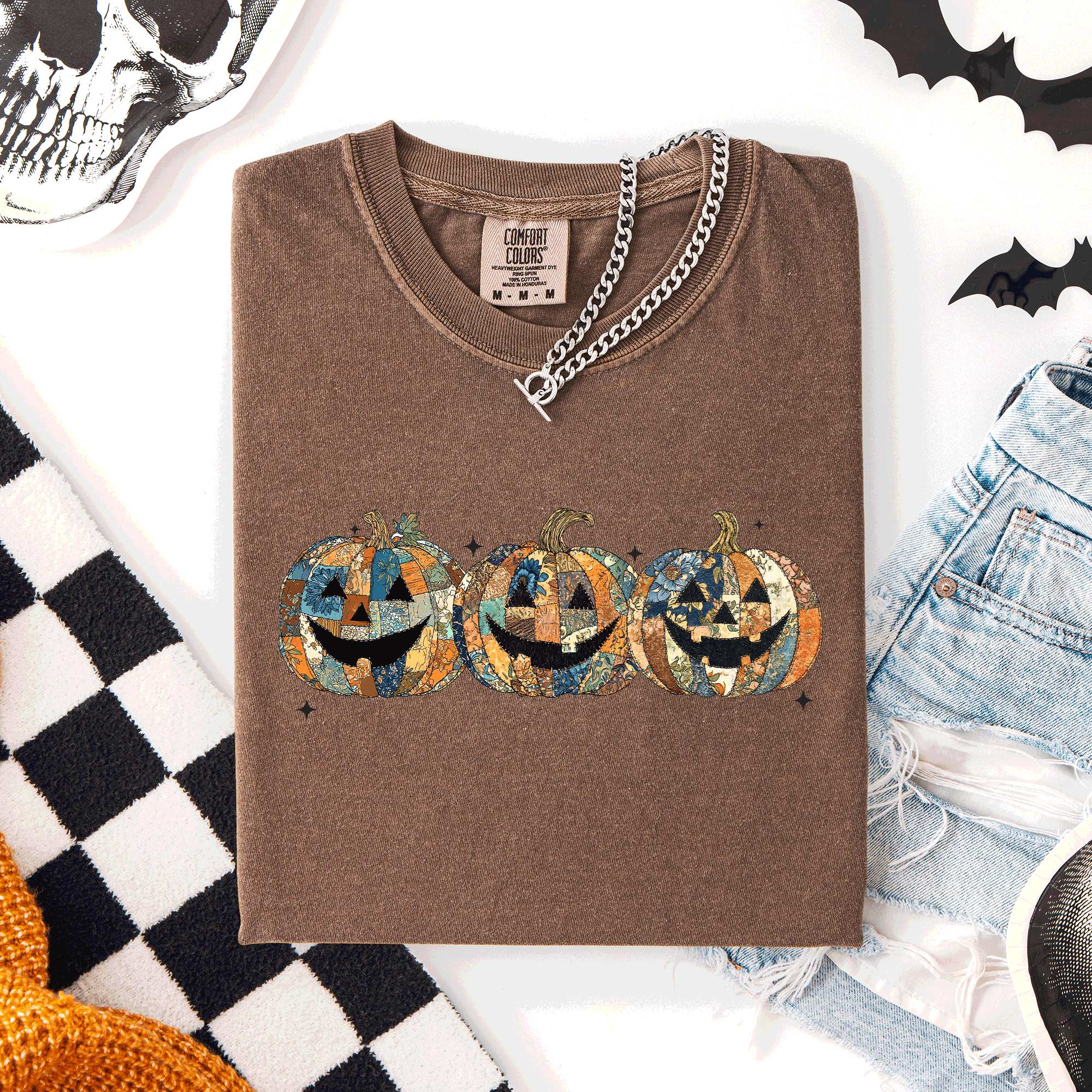 Jack O Lanterns Faux Quilt Classic Halloween Fall Autumn Trad Comfort Colors Tee