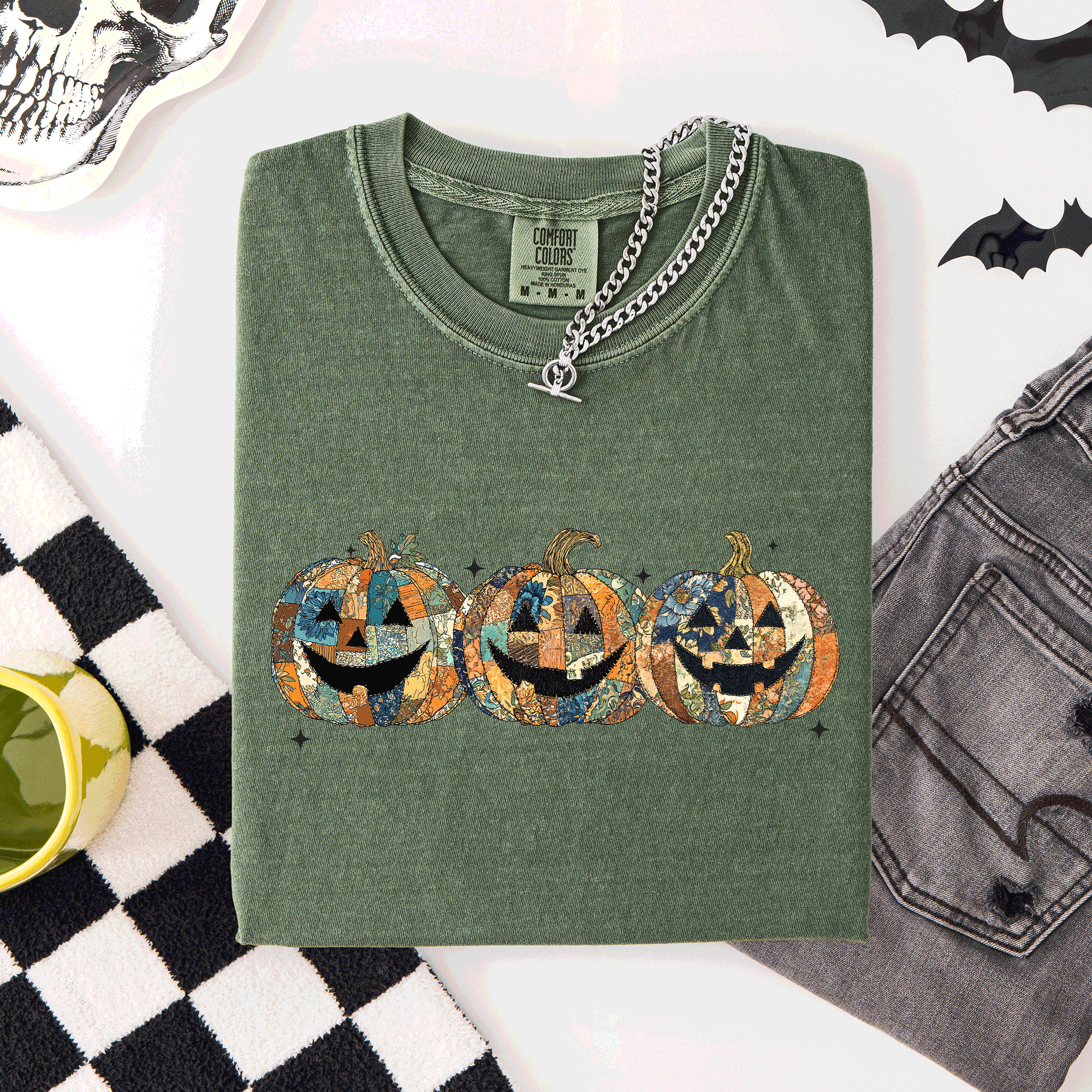 Jack O Lanterns Faux Quilt Classic Halloween Fall Autumn Trad Comfort Colors Tee