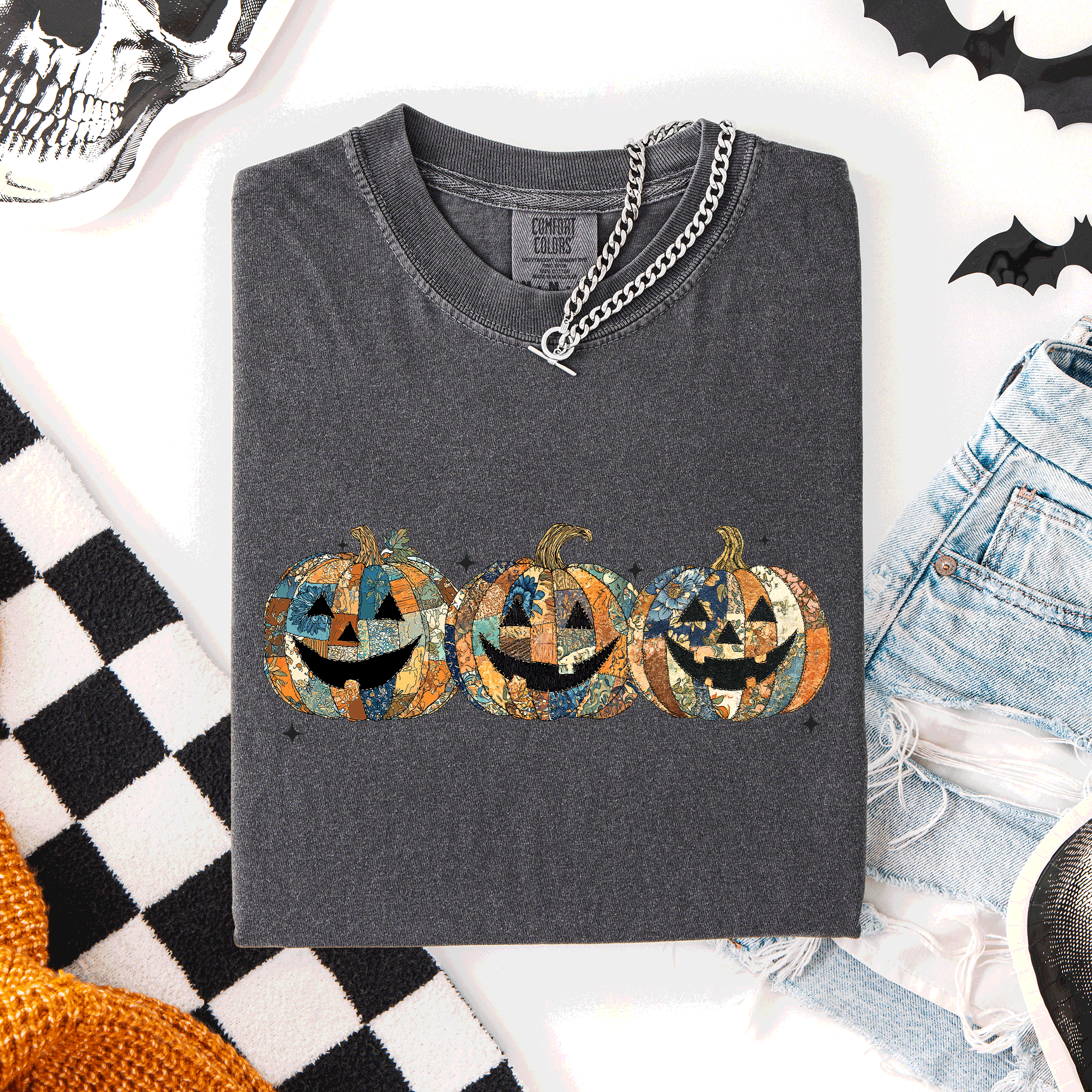 Jack O Lanterns Faux Quilt Classic Halloween Fall Autumn Trad Comfort Colors Tee