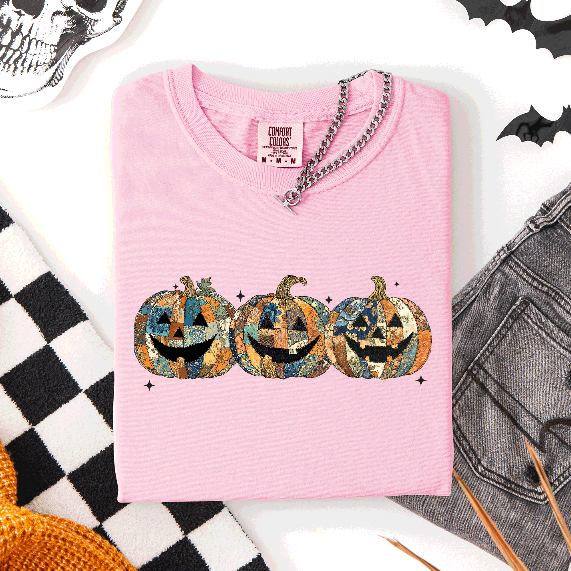 Jack O Lanterns Faux Quilt Classic Halloween Fall Autumn Trad Comfort Colors Tee