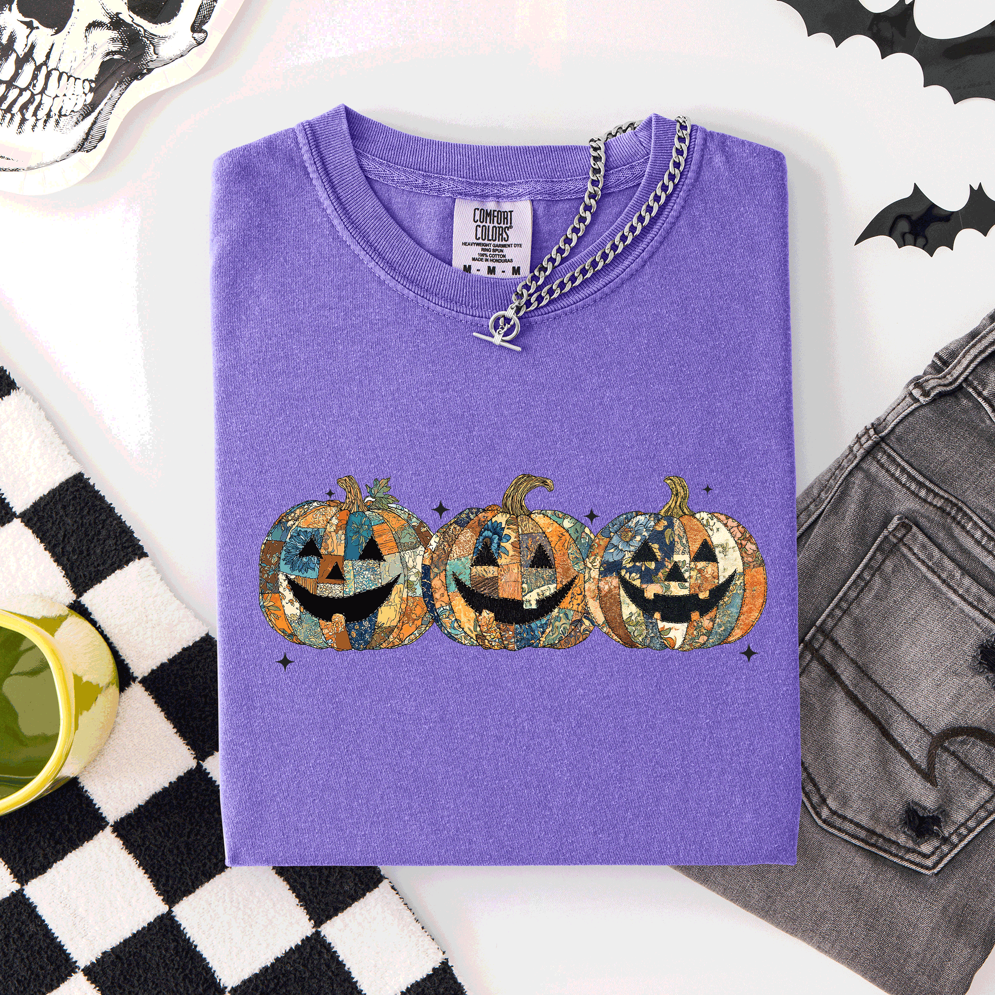 Jack O Lanterns Faux Quilt Classic Halloween Fall Autumn Trad Comfort Colors Tee