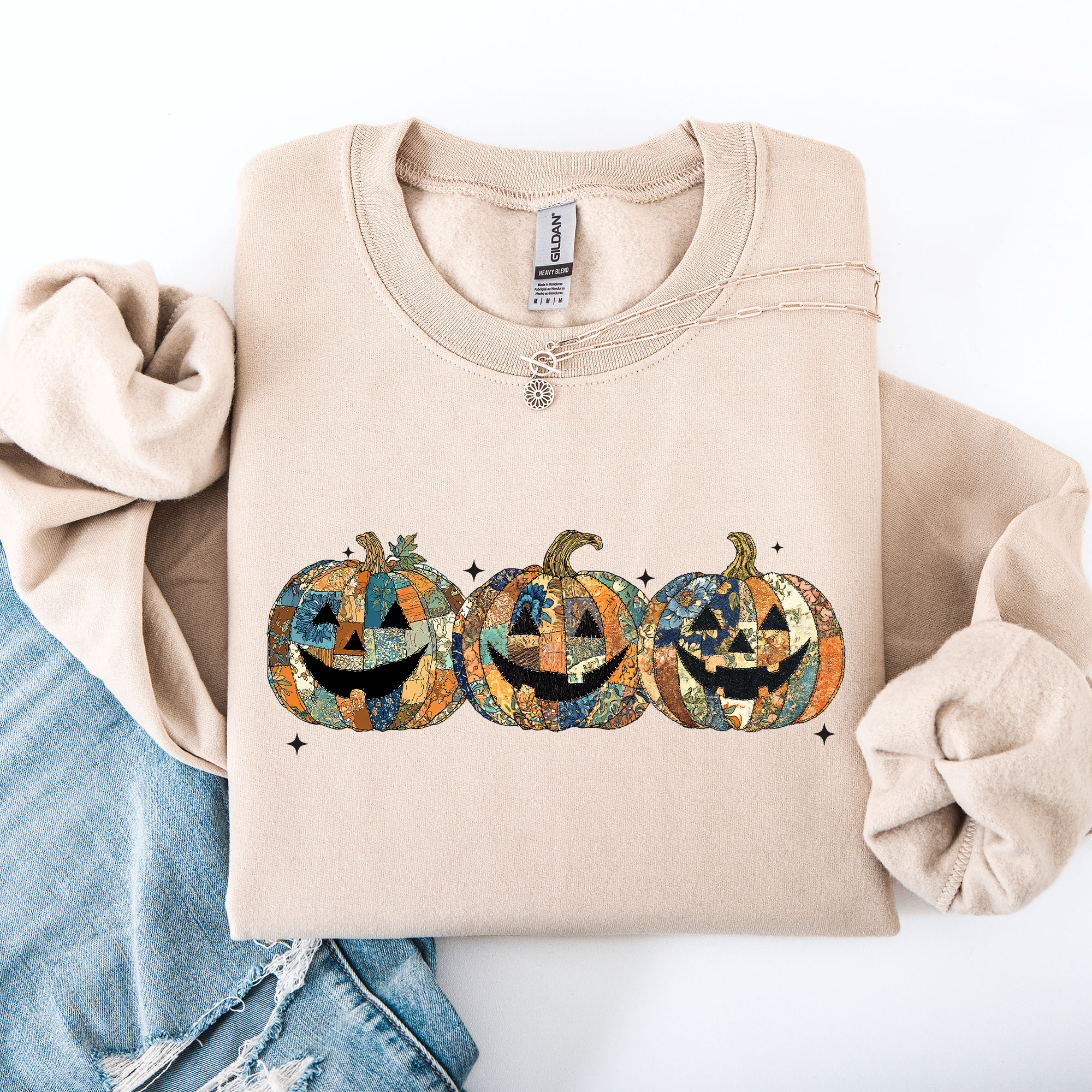 Jack O Lanterns Faux Quilt Pumpkin Halloween Autumn Festive Cozy Classic Sweatshirt
