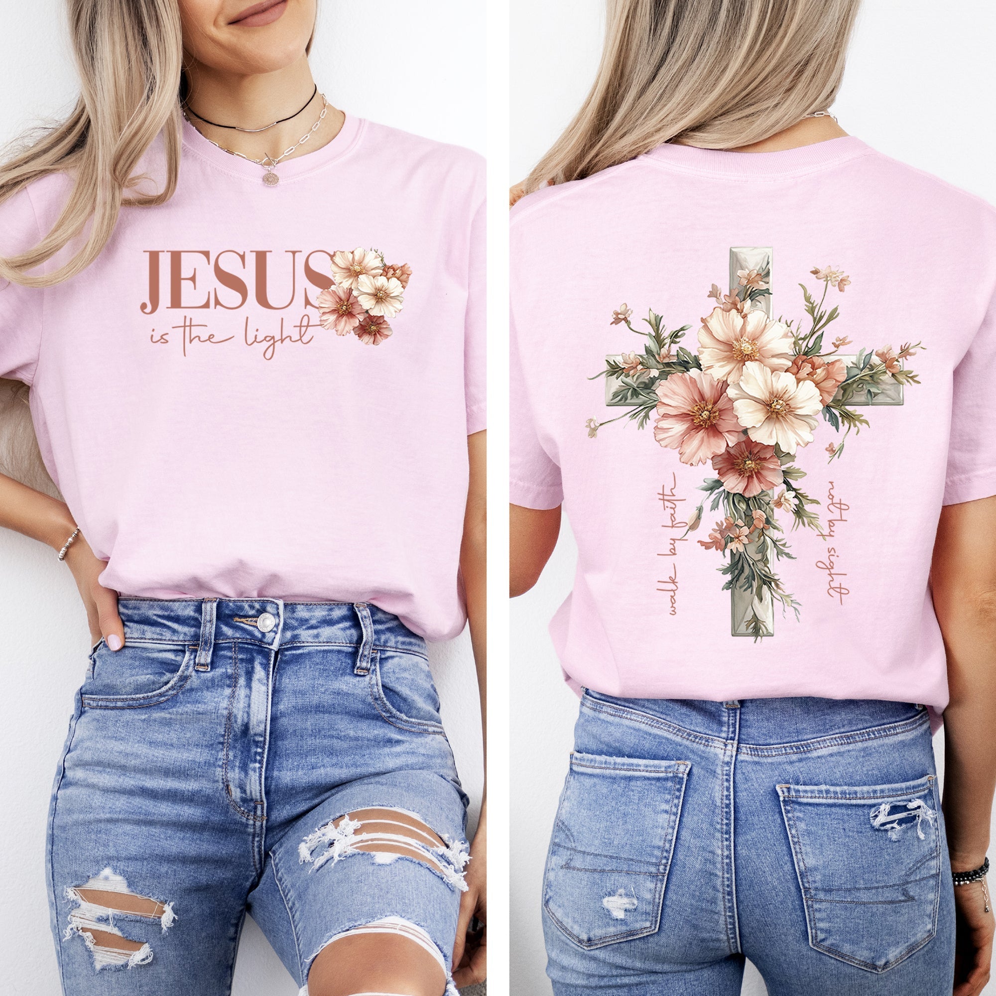 Jesus Is The Light Floral Cross Gospel Faith Saved Christian Inspirational Cross Comfort Colors Tee