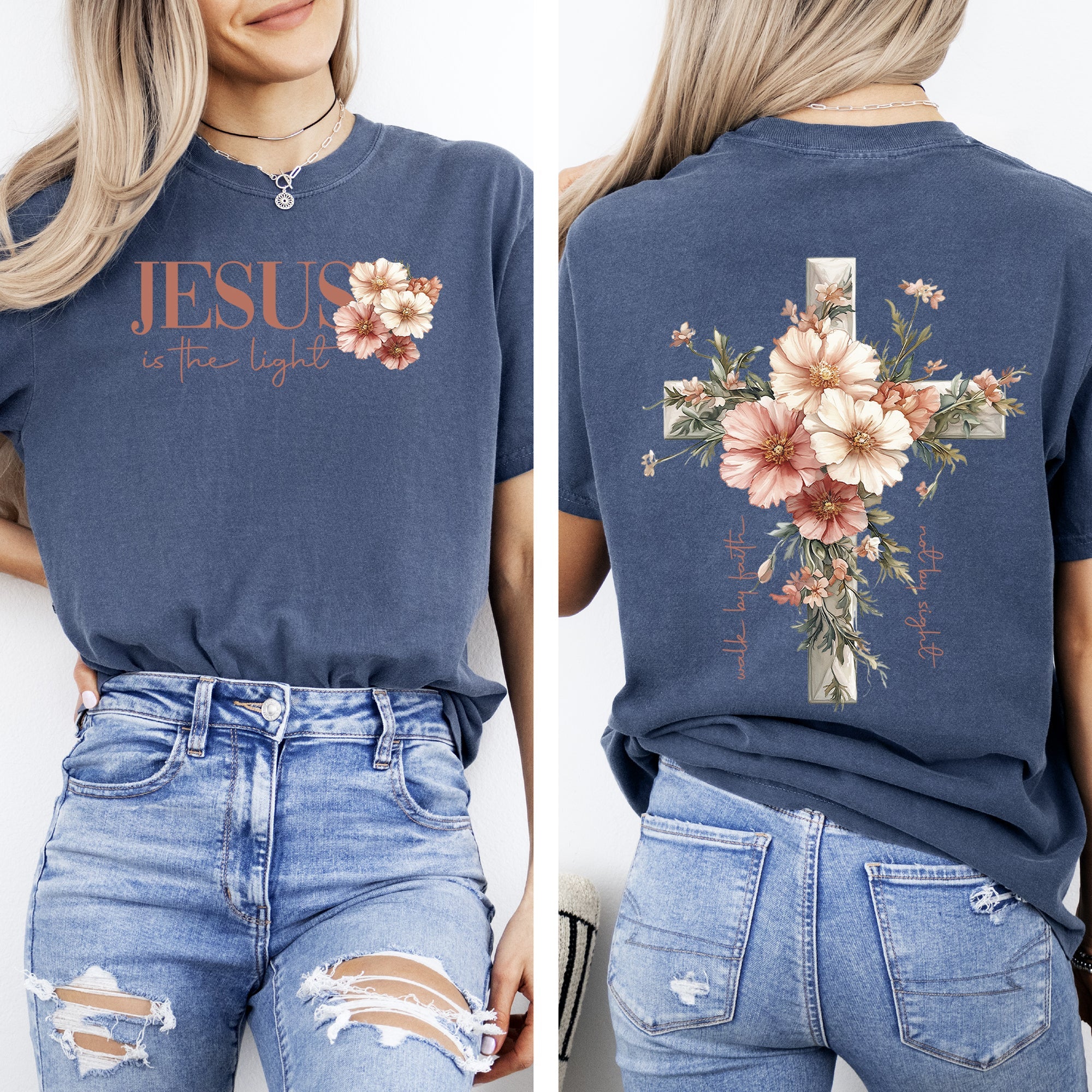 Jesus Is The Light Floral Cross Gospel Faith Saved Christian Inspirational Cross Comfort Colors Tee