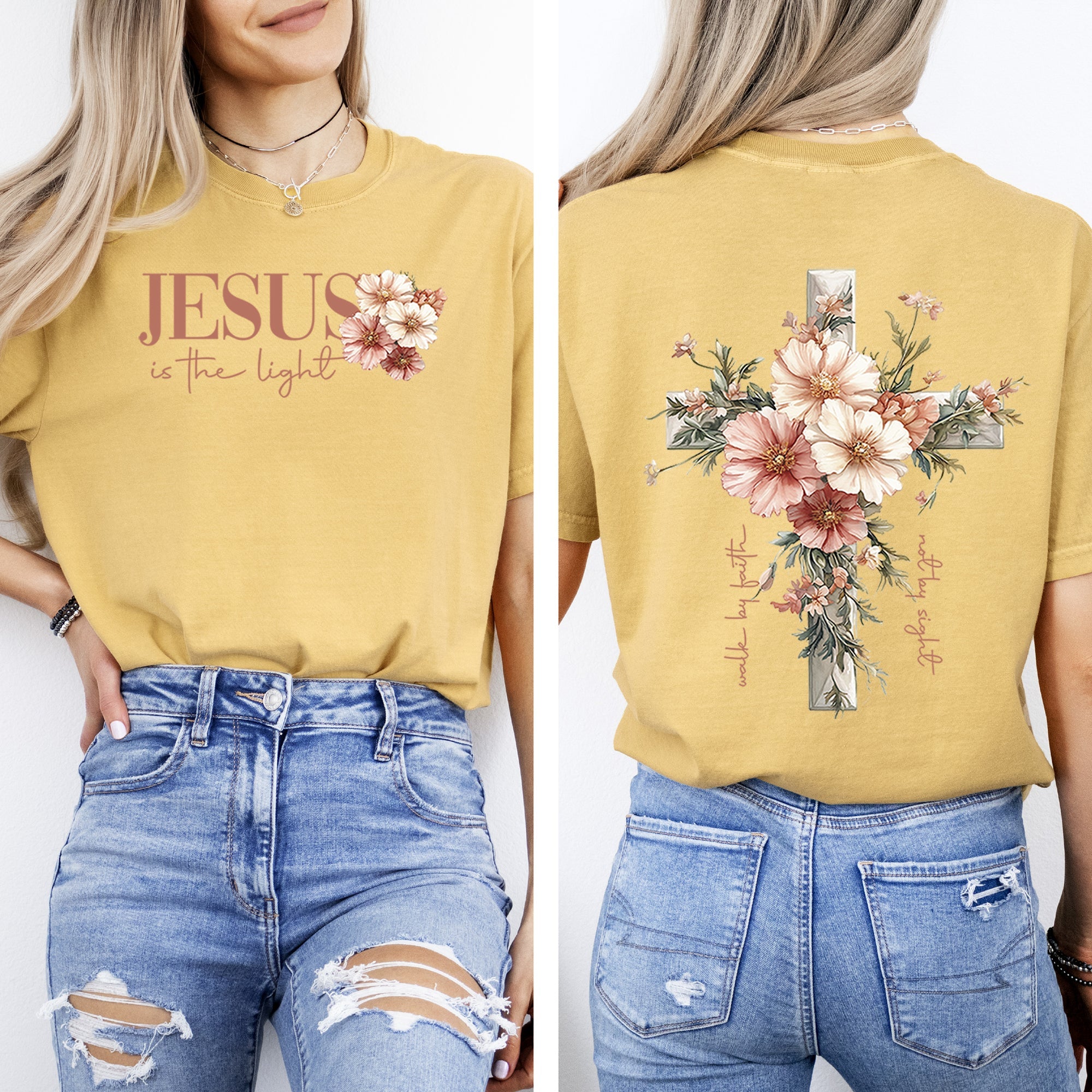 Jesus Is The Light Floral Cross Gospel Faith Saved Christian Inspirational Cross Comfort Colors Tee