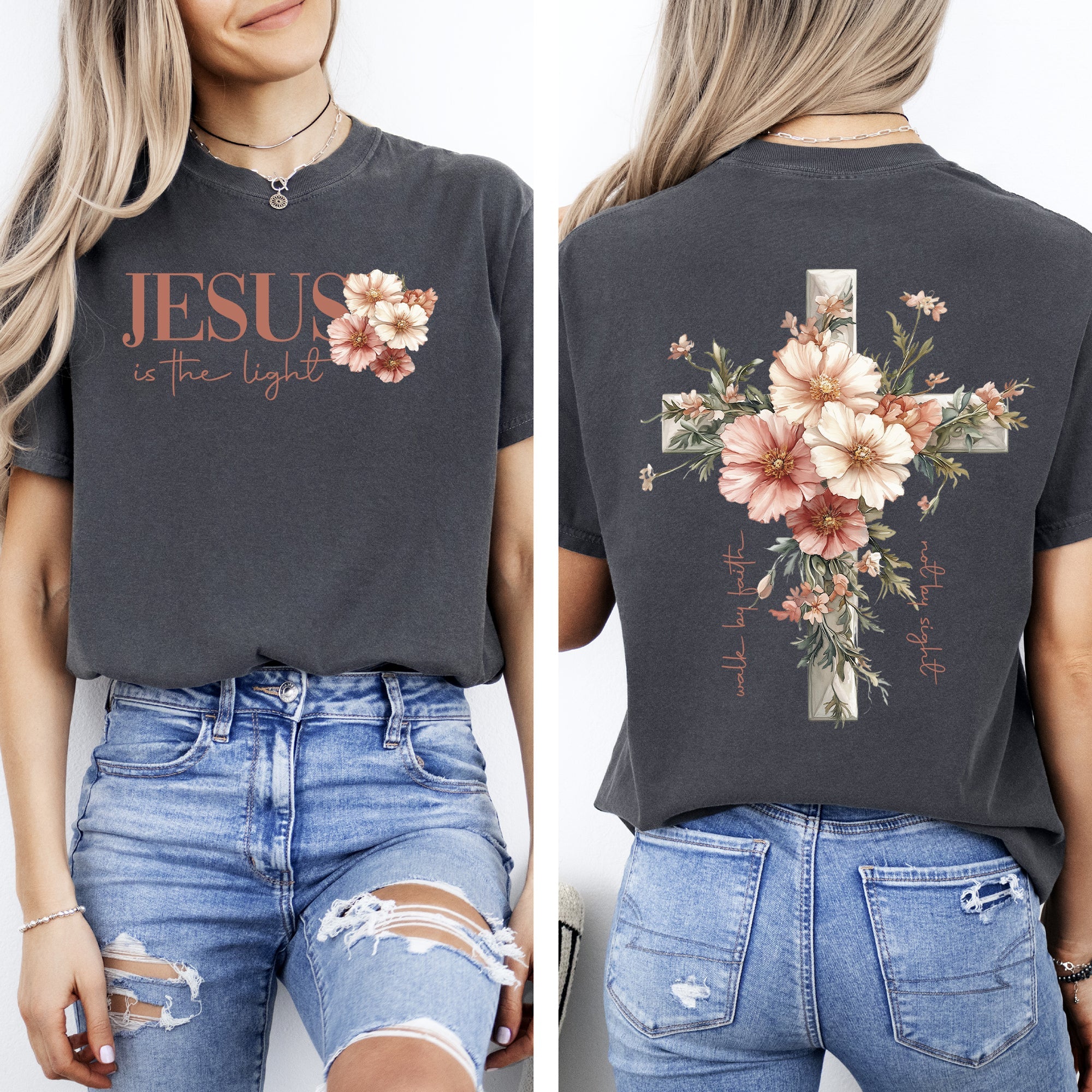 Jesus Is The Light Floral Cross Gospel Faith Saved Christian Inspirational Cross Comfort Colors Tee