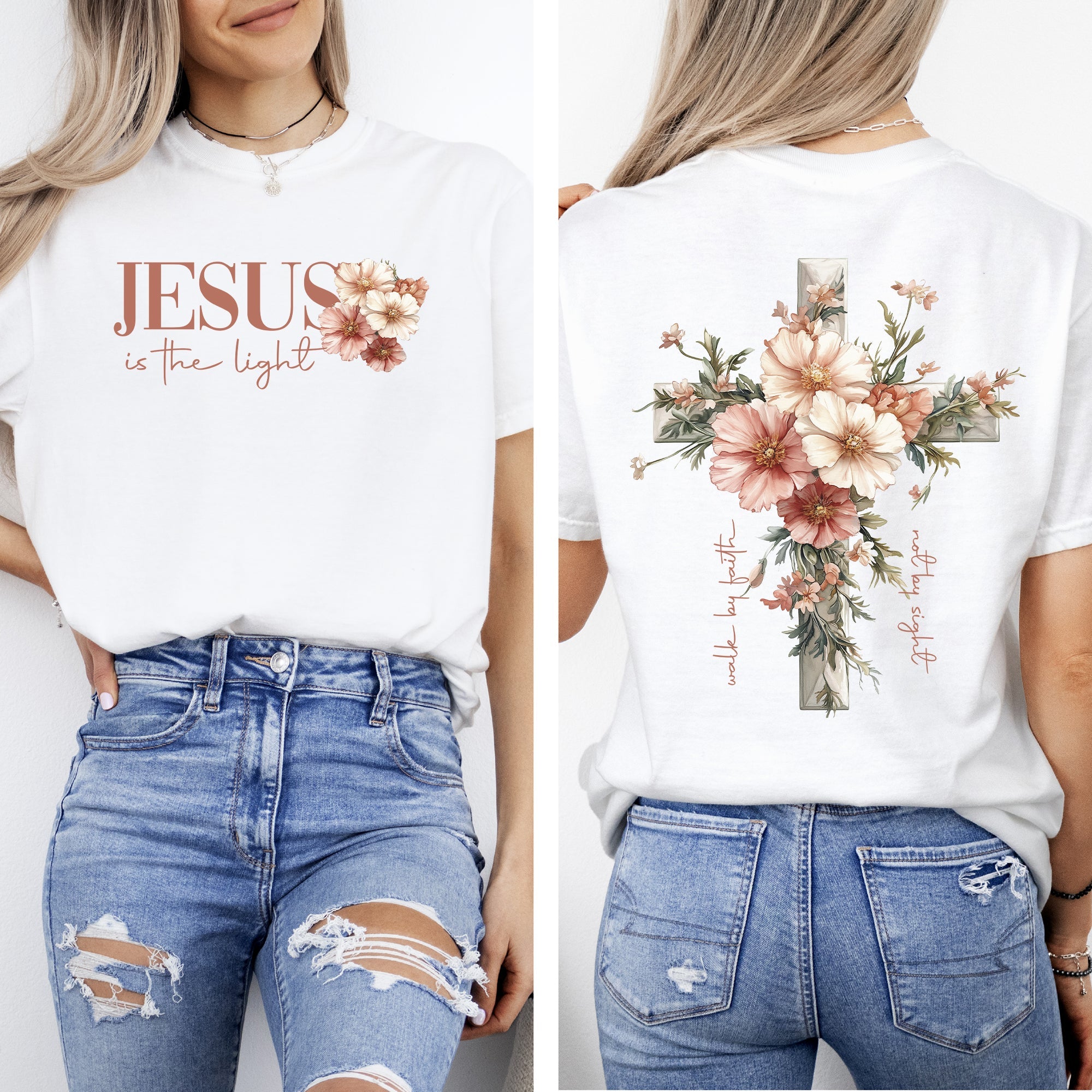 Jesus Is The Light Floral Cross Gospel Faith Saved Christian Inspirational Cross Comfort Colors Tee