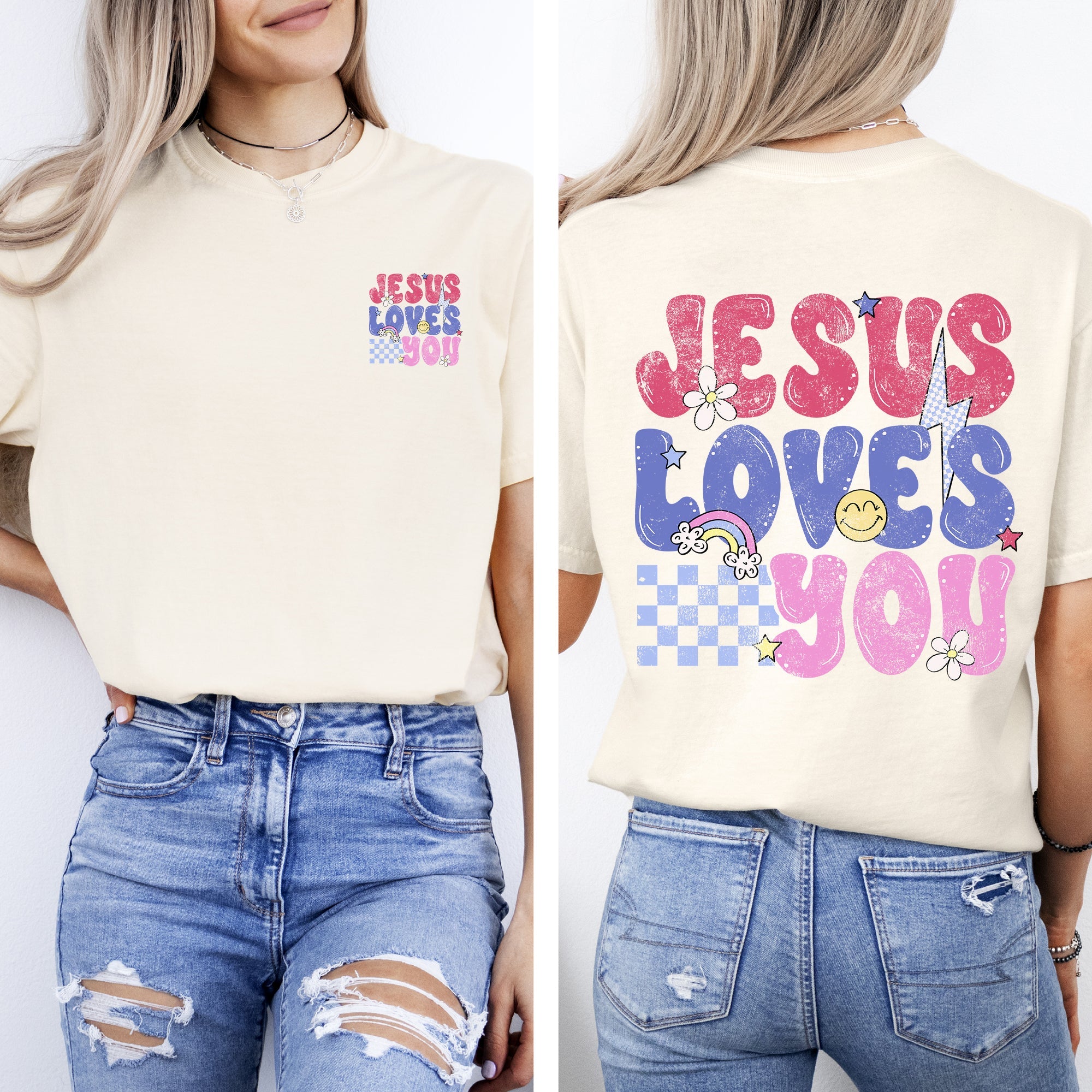 Jesus Loves You Colorful Positivity Faith Gospel Bible Love Front And Back Comfort Colors Tee
